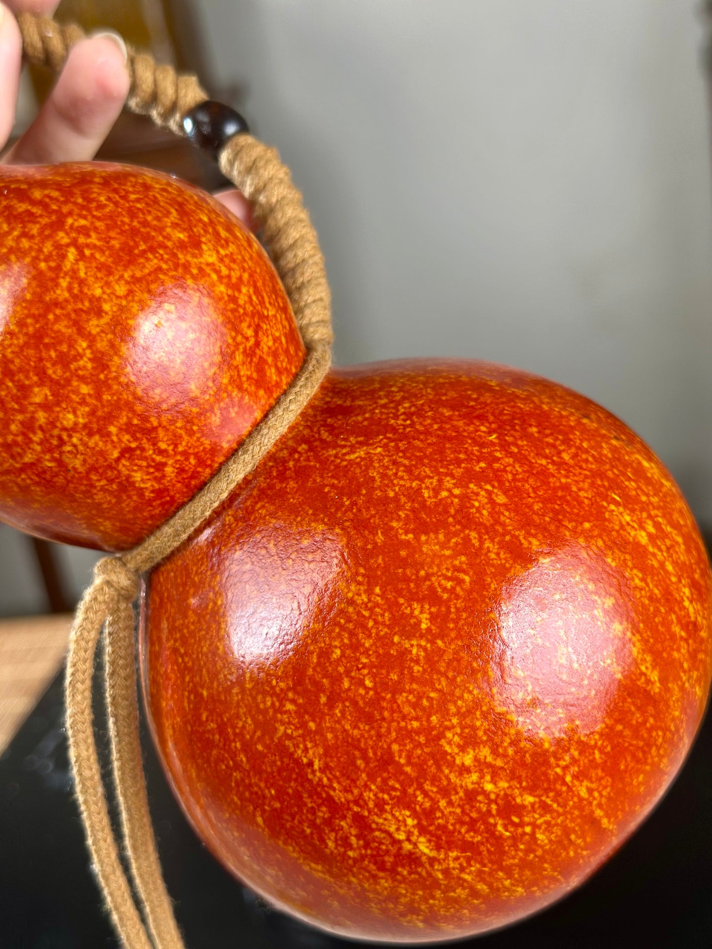Hand dyed Orange Chinese Lacquerware Hulu Natural Gourd Water Tea Container  Fengshui Classical Home Decor