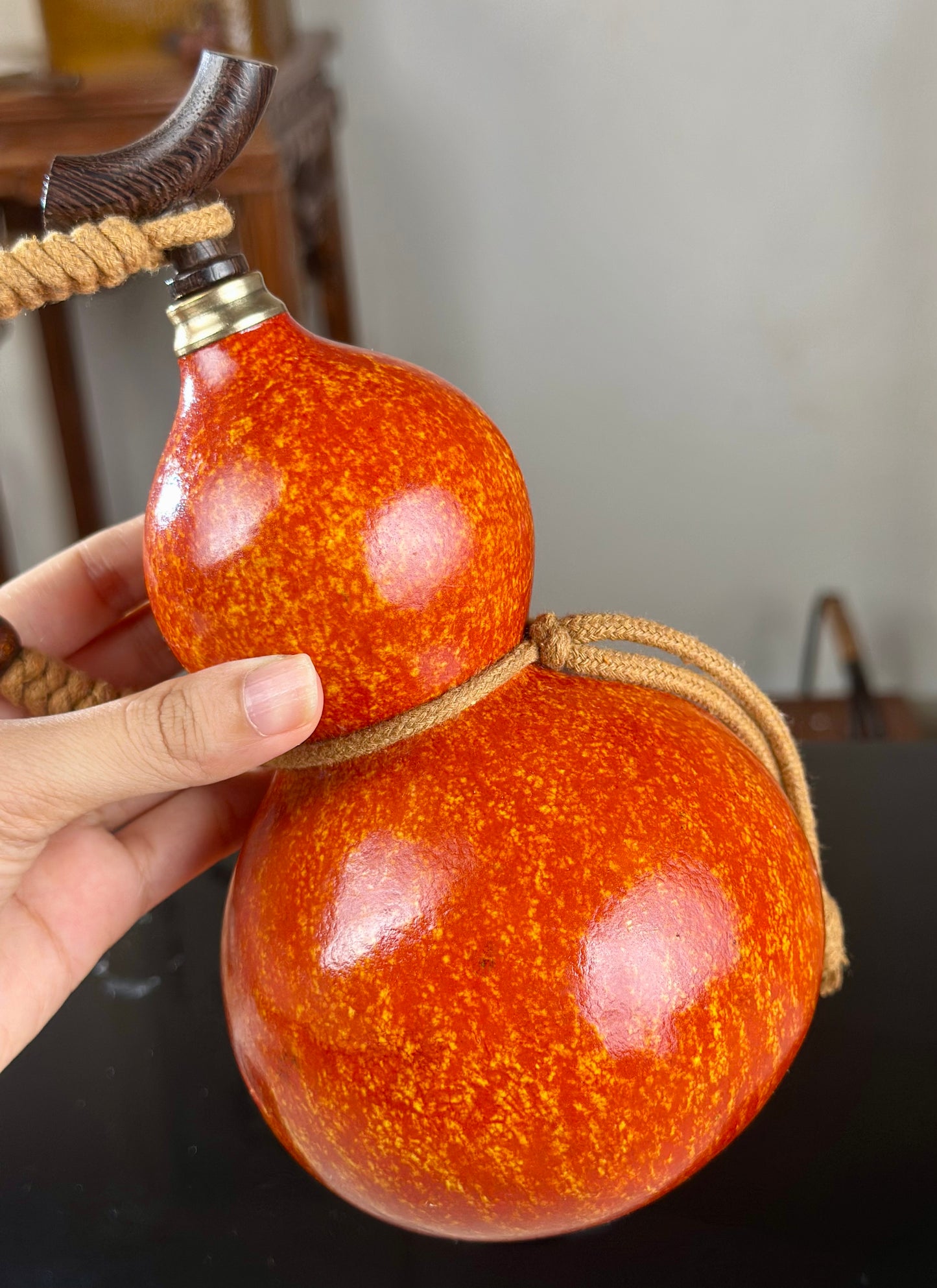 Hand dyed Orange Chinese Lacquerware Hulu Natural Gourd Water Tea Container  Fengshui Classical Home Decor