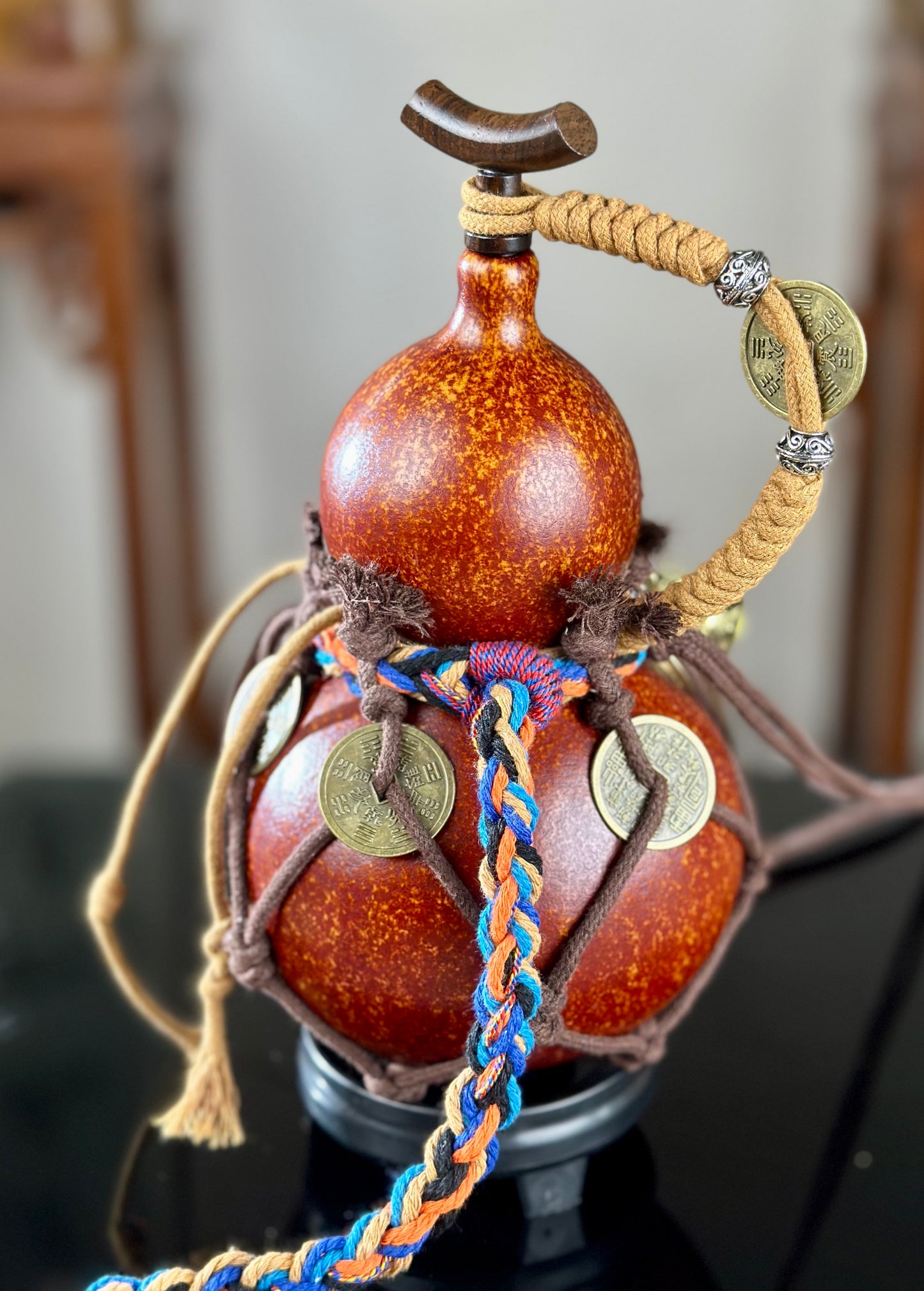 Hand dyed Fengshui Ornament Brown Chinese Lacquerware Hulu Natural Gourd Water Tea Container Classical Home Decor