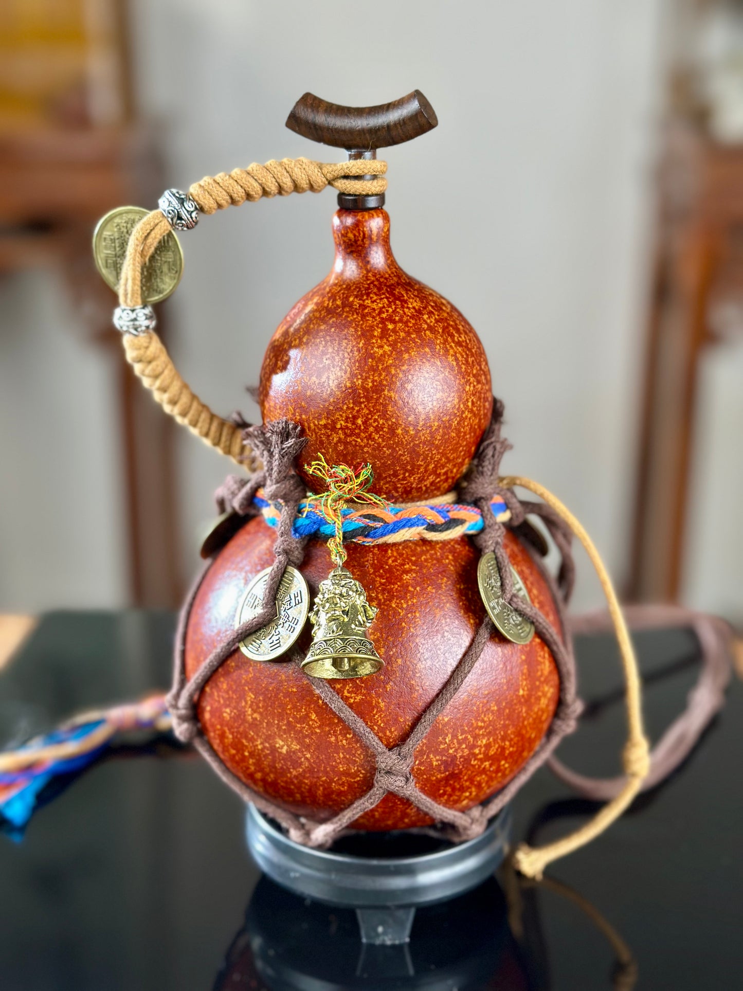 Hand dyed Fengshui Ornament Brown Chinese Lacquerware Hulu Natural Gourd Water Tea Container Classical Home Decor