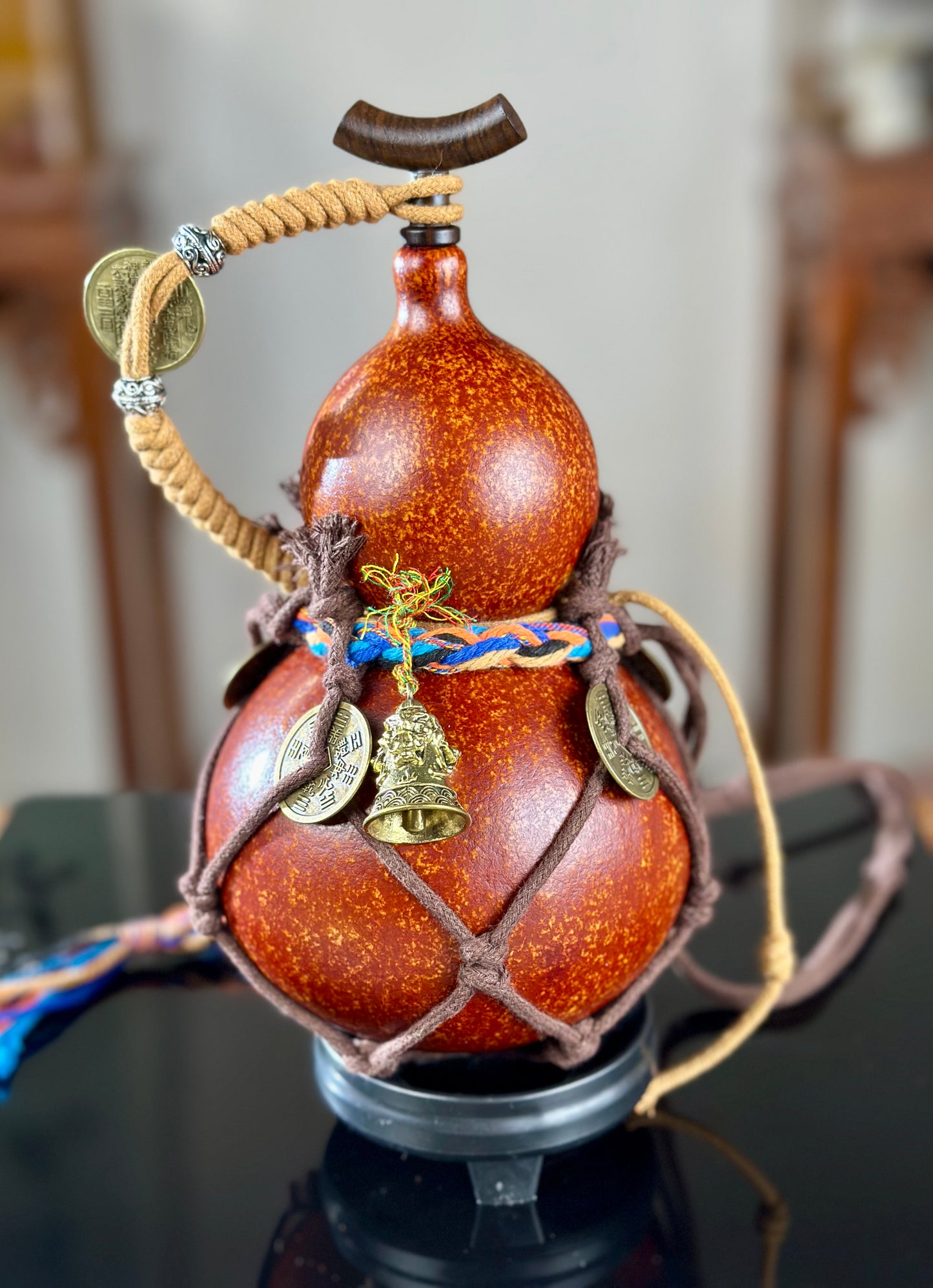Hand dyed Fengshui Ornament Brown Chinese Lacquerware Hulu Natural Gourd Water Tea Container Classical Home Decor