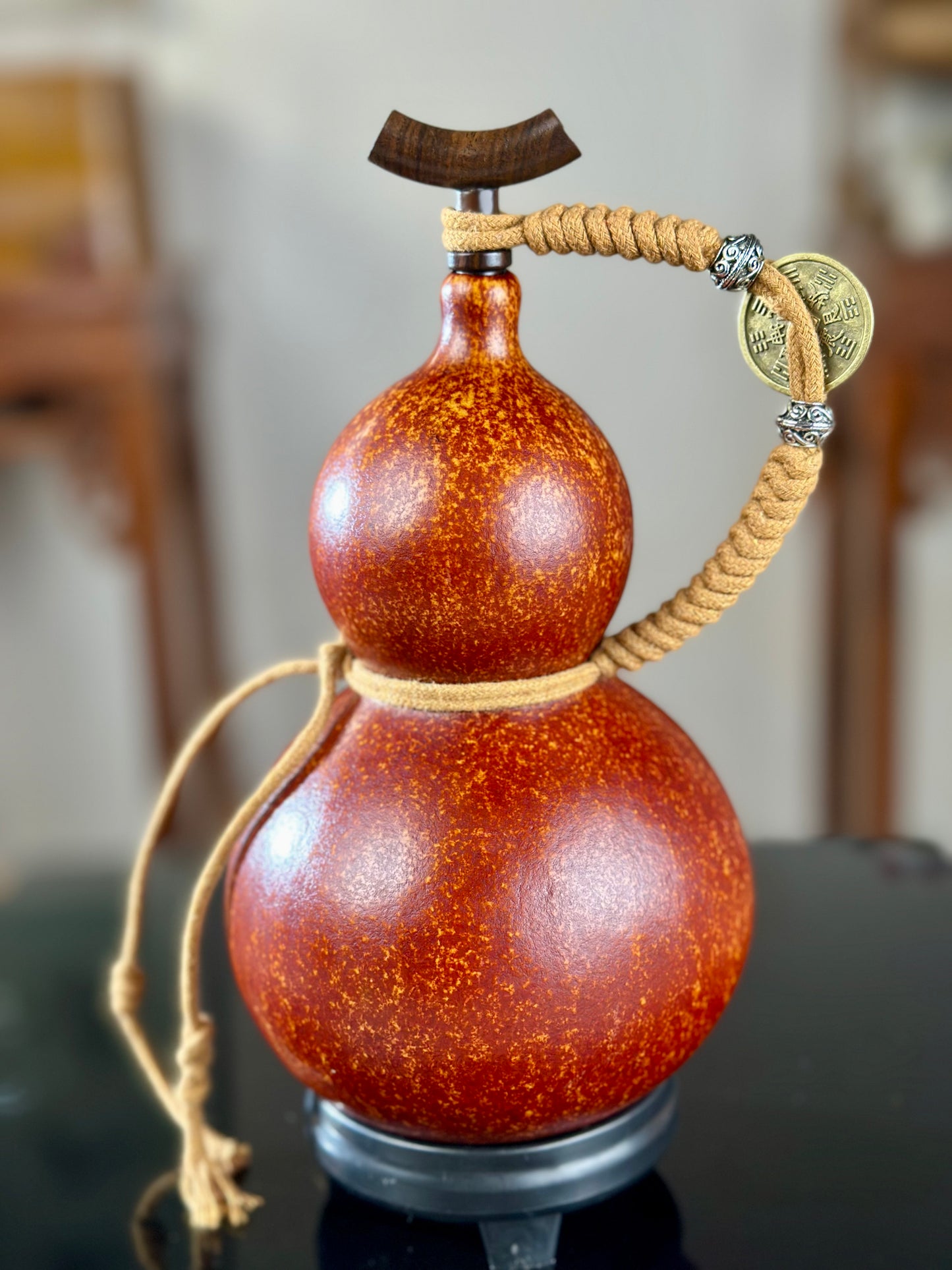 Hand dyed Fengshui Ornament Brown Chinese Lacquerware Hulu Natural Gourd Water Tea Container Classical Home Decor