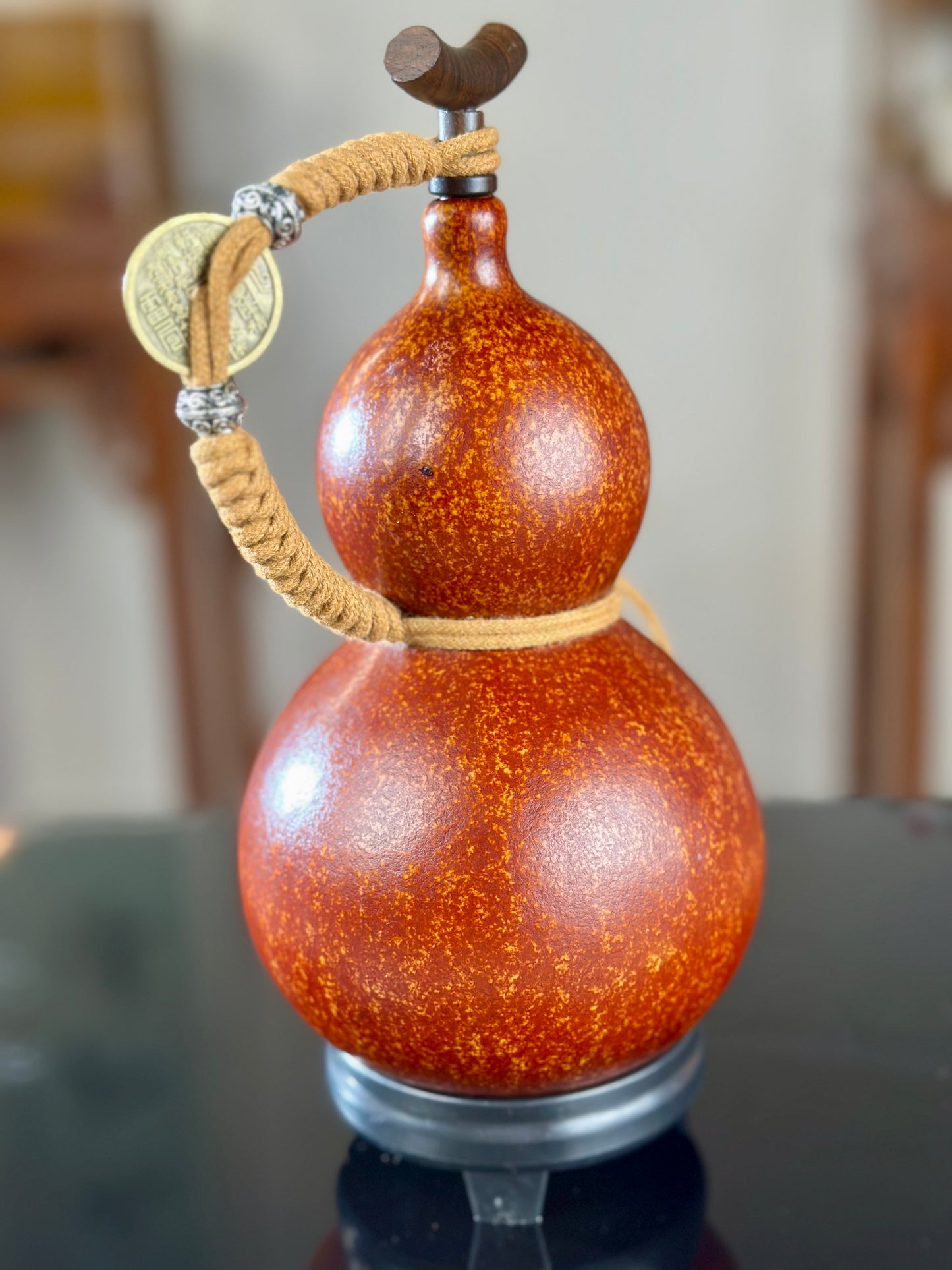 Hand dyed Fengshui Ornament Brown Chinese Lacquerware Hulu Natural Gourd Water Tea Container Classical Home Decor