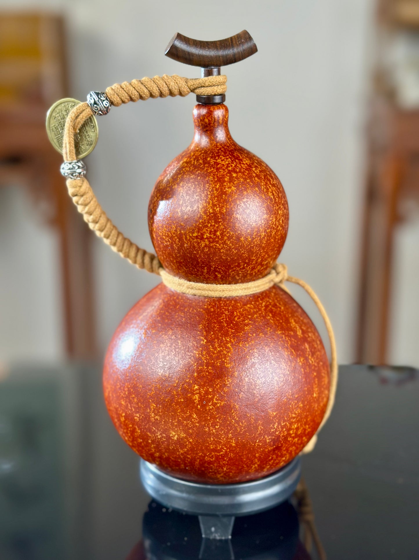 Hand dyed Fengshui Ornament Brown Chinese Lacquerware Hulu Natural Gourd Water Tea Container Classical Home Decor