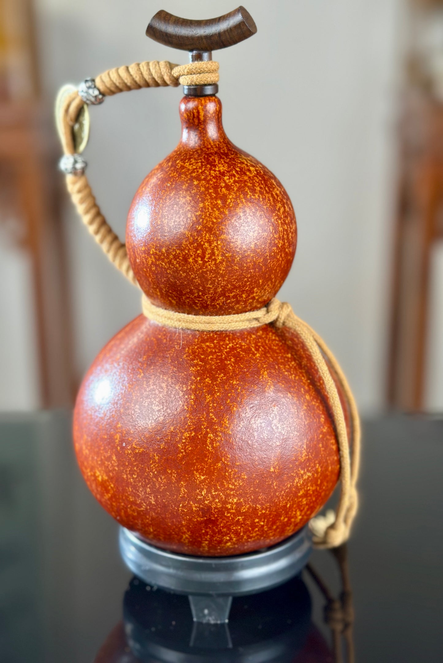 Hand dyed Fengshui Ornament Brown Chinese Lacquerware Hulu Natural Gourd Water Tea Container Classical Home Decor