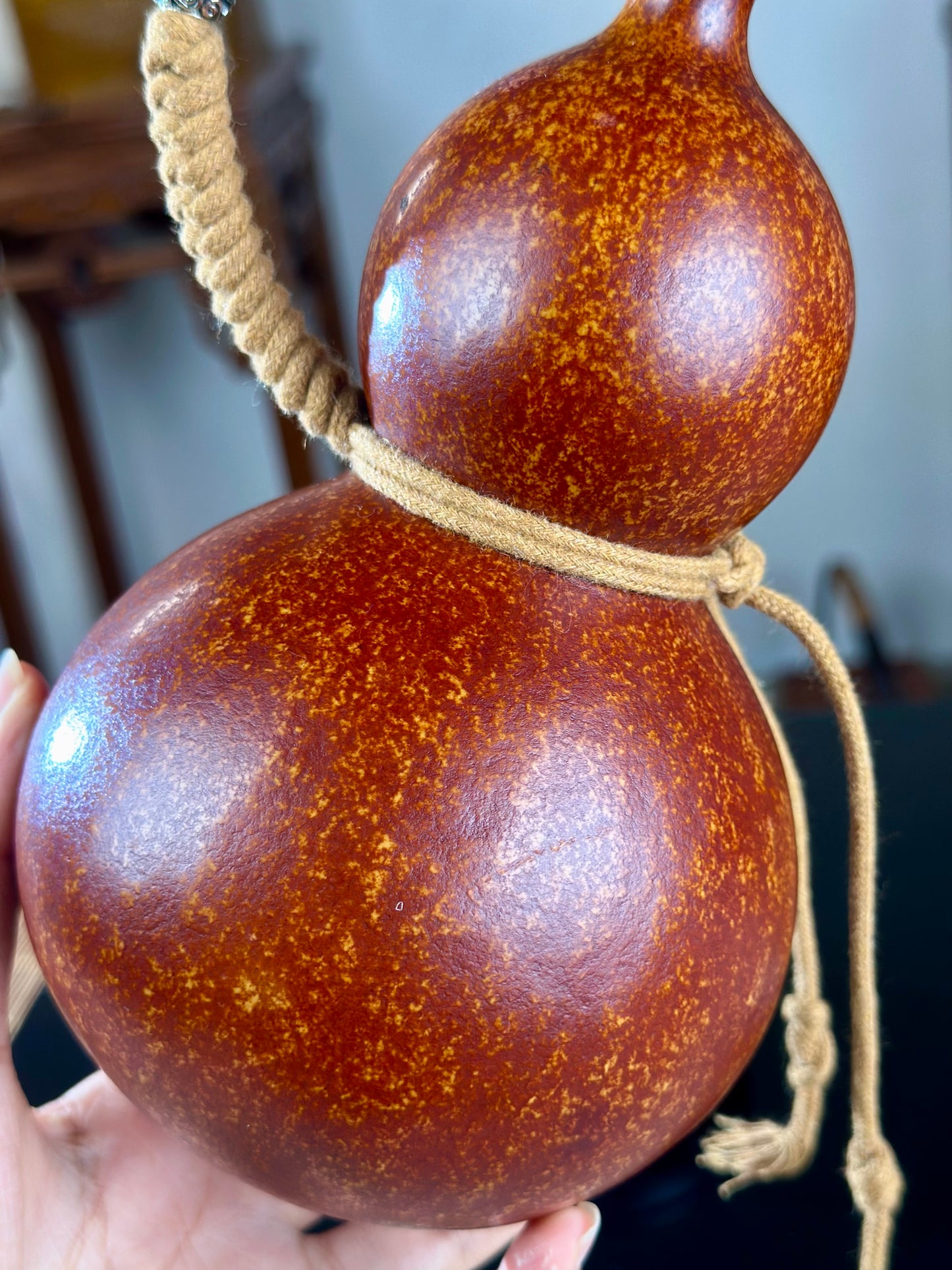 Hand dyed Fengshui Ornament Brown Chinese Lacquerware Hulu Natural Gourd Water Tea Container Classical Home Decor