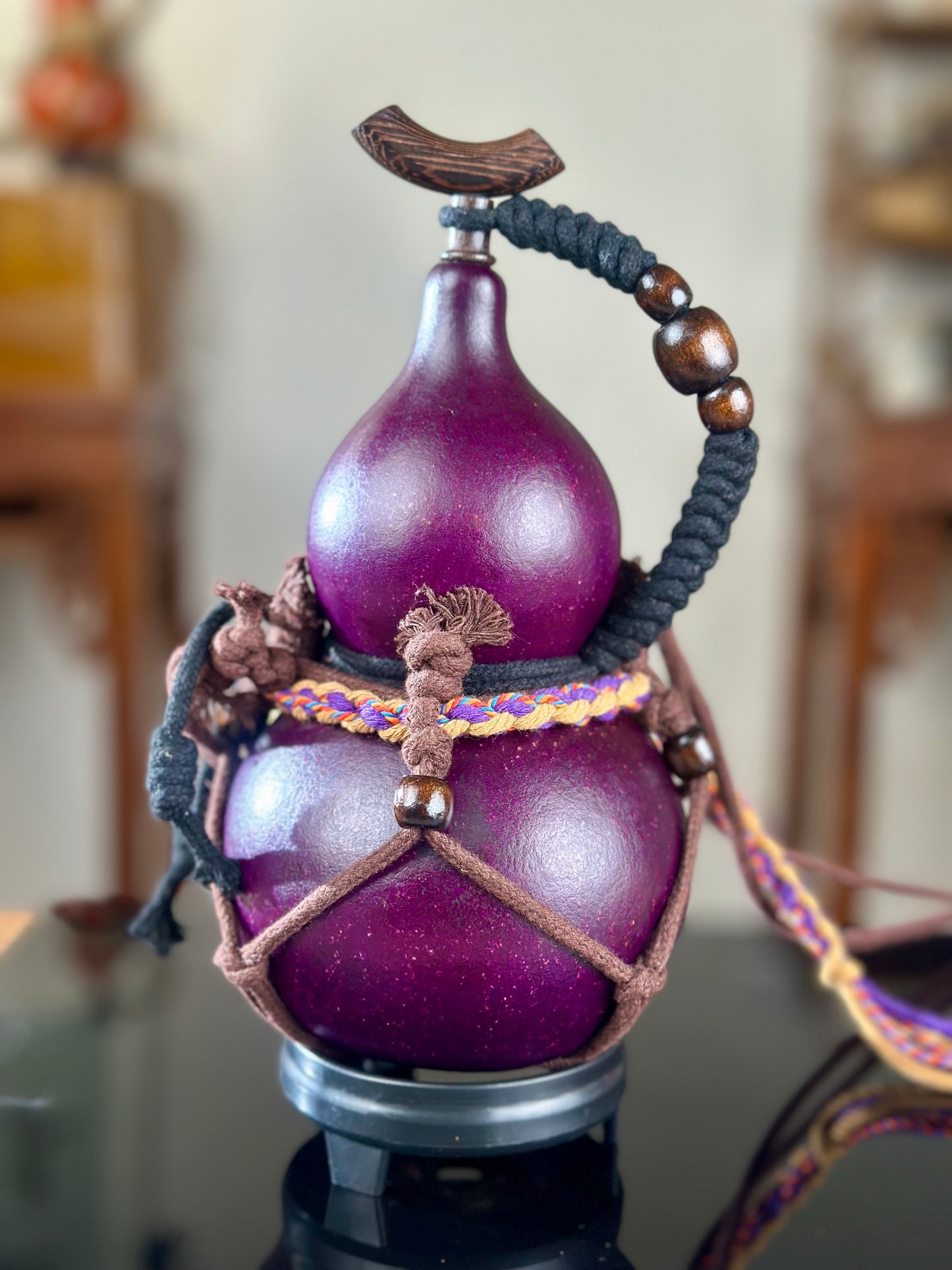 Hand dyed Royal Purple Chinese Lacquerware Fengshui Ornament Hulu Natural Gourd Water Tea Container Classical Home Decor