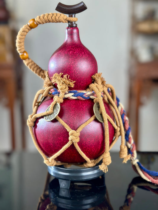 Hand dyed Golden Chinese Lacquerware Fengshui Ornament Hulu Natural Gourd Water Tea Container Classical Home Decor