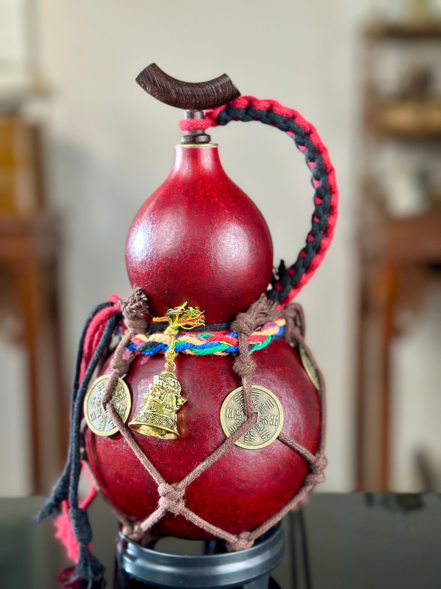 Hand dyed Golden Chinese Lacquerware Fengshui Ornament Hulu Natural Gourd Water Tea Container Classical Home Decor