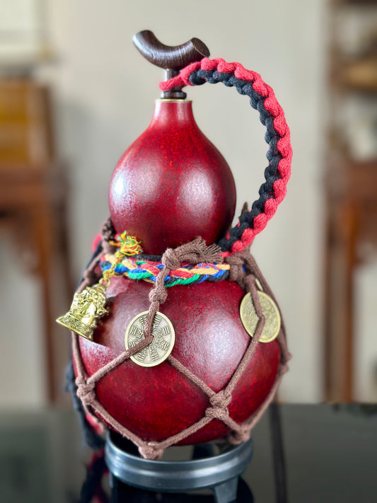 Hand dyed Golden Chinese Lacquerware Fengshui Ornament Hulu Natural Gourd Water Tea Container Classical Home Decor