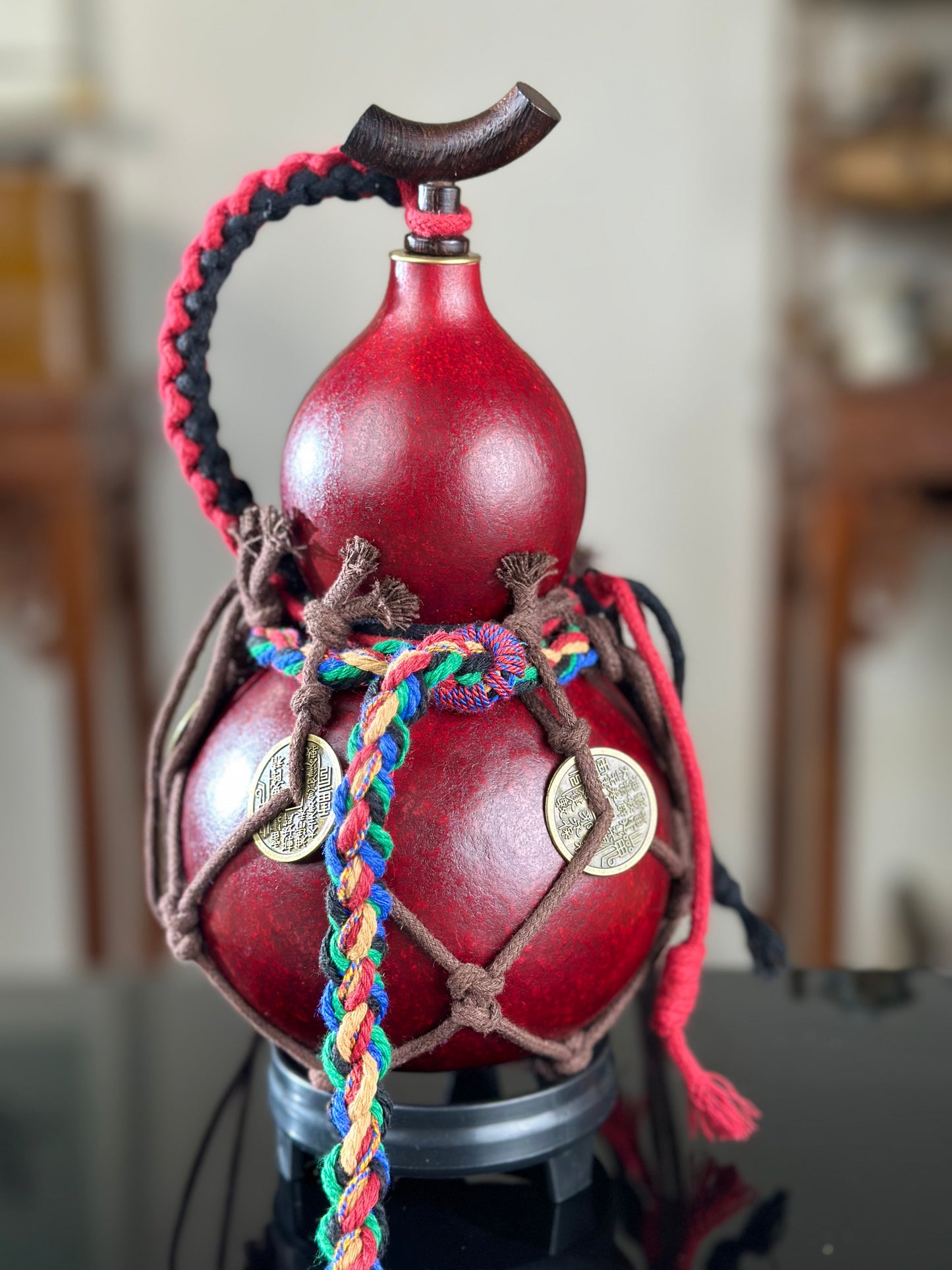 Hand dyed Golden Chinese Lacquerware Fengshui Ornament Hulu Natural Gourd Water Tea Container Classical Home Decor