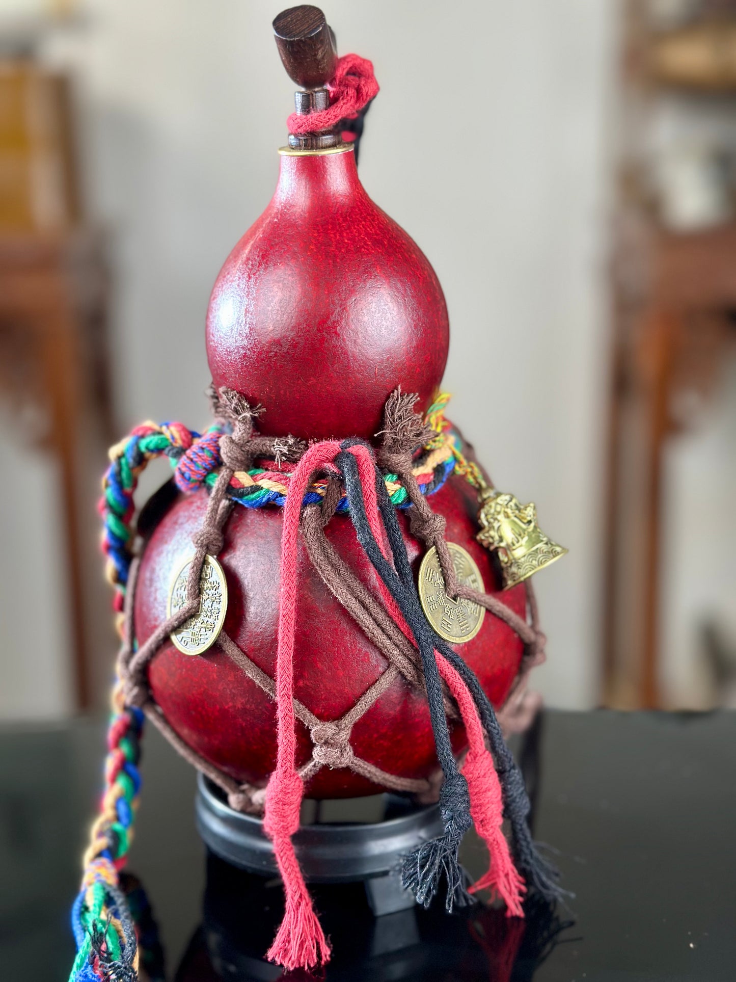 Hand dyed Golden Chinese Lacquerware Fengshui Ornament Hulu Natural Gourd Water Tea Container Classical Home Decor