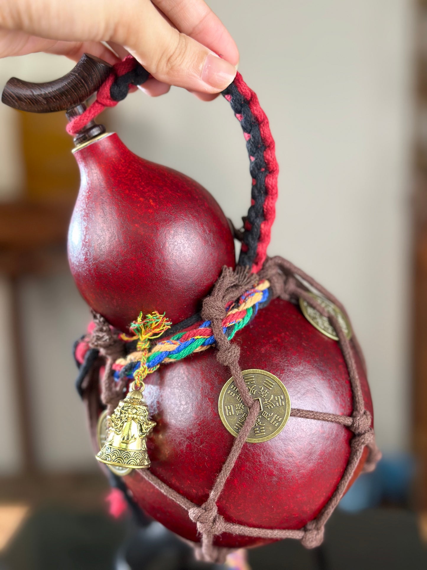 Hand dyed Golden Chinese Lacquerware Fengshui Ornament Hulu Natural Gourd Water Tea Container Classical Home Decor