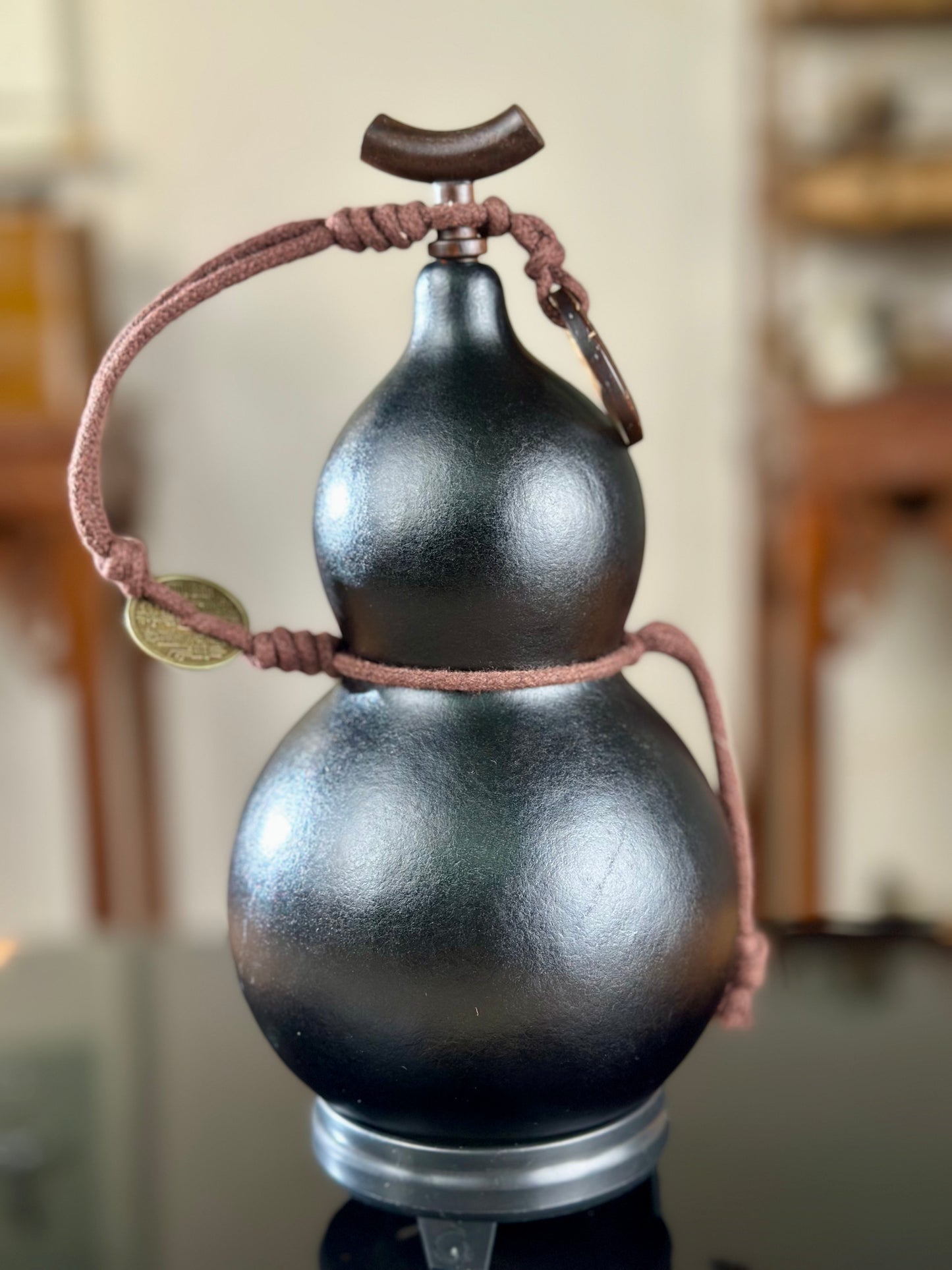 Hand dyed Fengshui Ornament Bright Black Chinese Lacquerware Hulu Natural Gourd Water Tea Container Classical Home Decor
