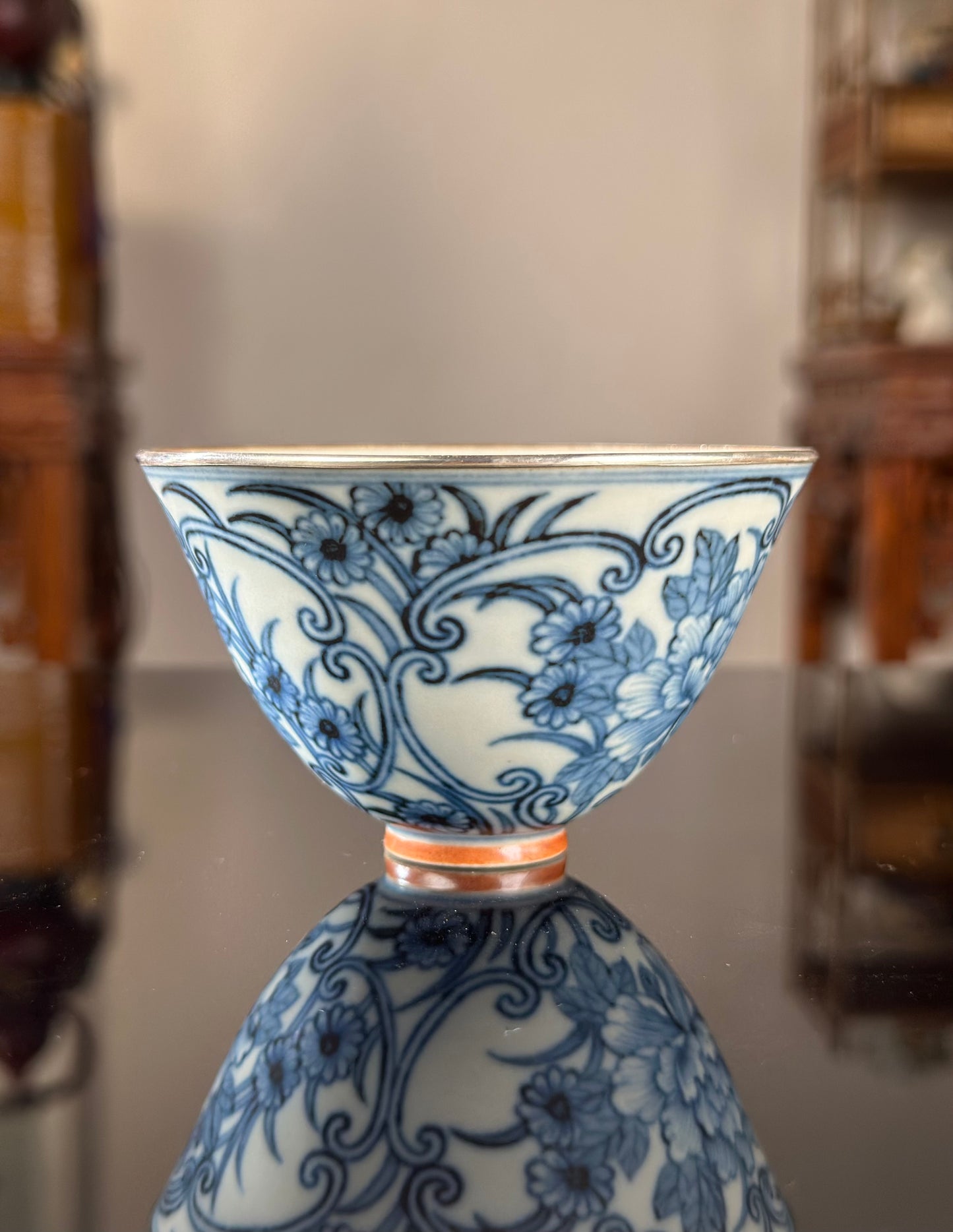 Handcrafted Chinese Blue White Porcelain Handpainted Peony Pure Silver EdgeJingdezhen Artwokr Teacup