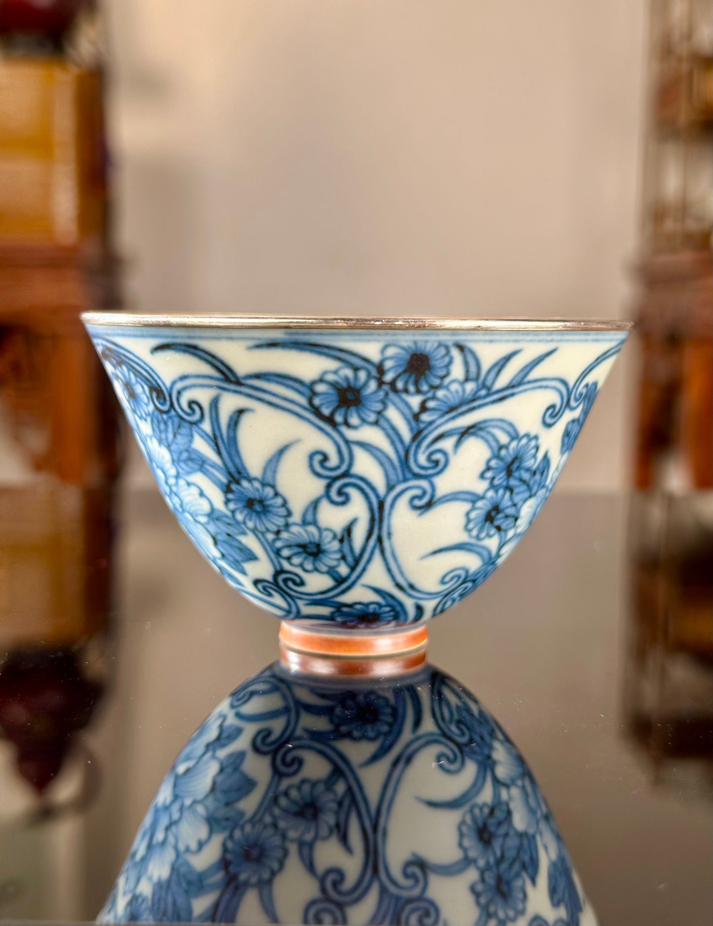 Handcrafted Chinese Blue White Porcelain Handpainted Peony Pure Silver EdgeJingdezhen Artwokr Teacup