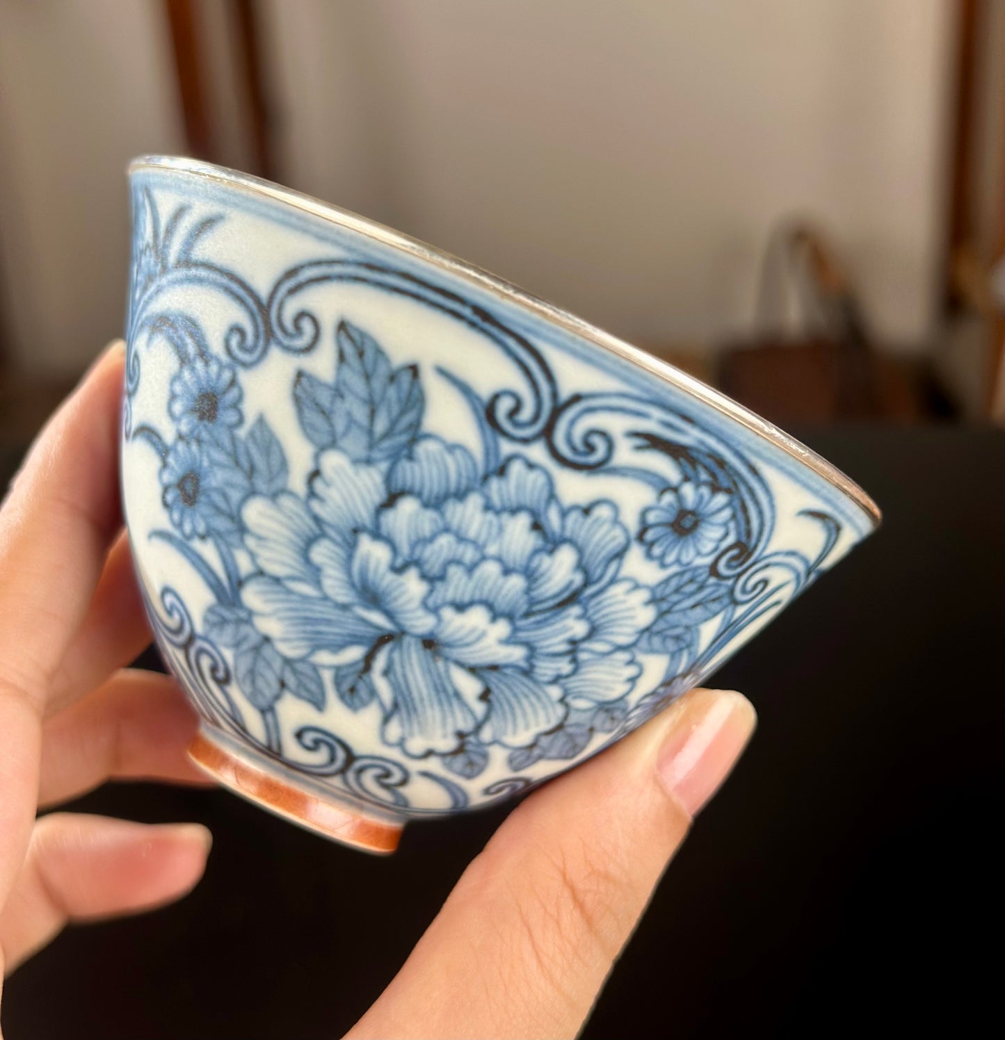 Handcrafted Chinese Blue White Porcelain Handpainted Peony Pure Silver EdgeJingdezhen Artwokr Teacup