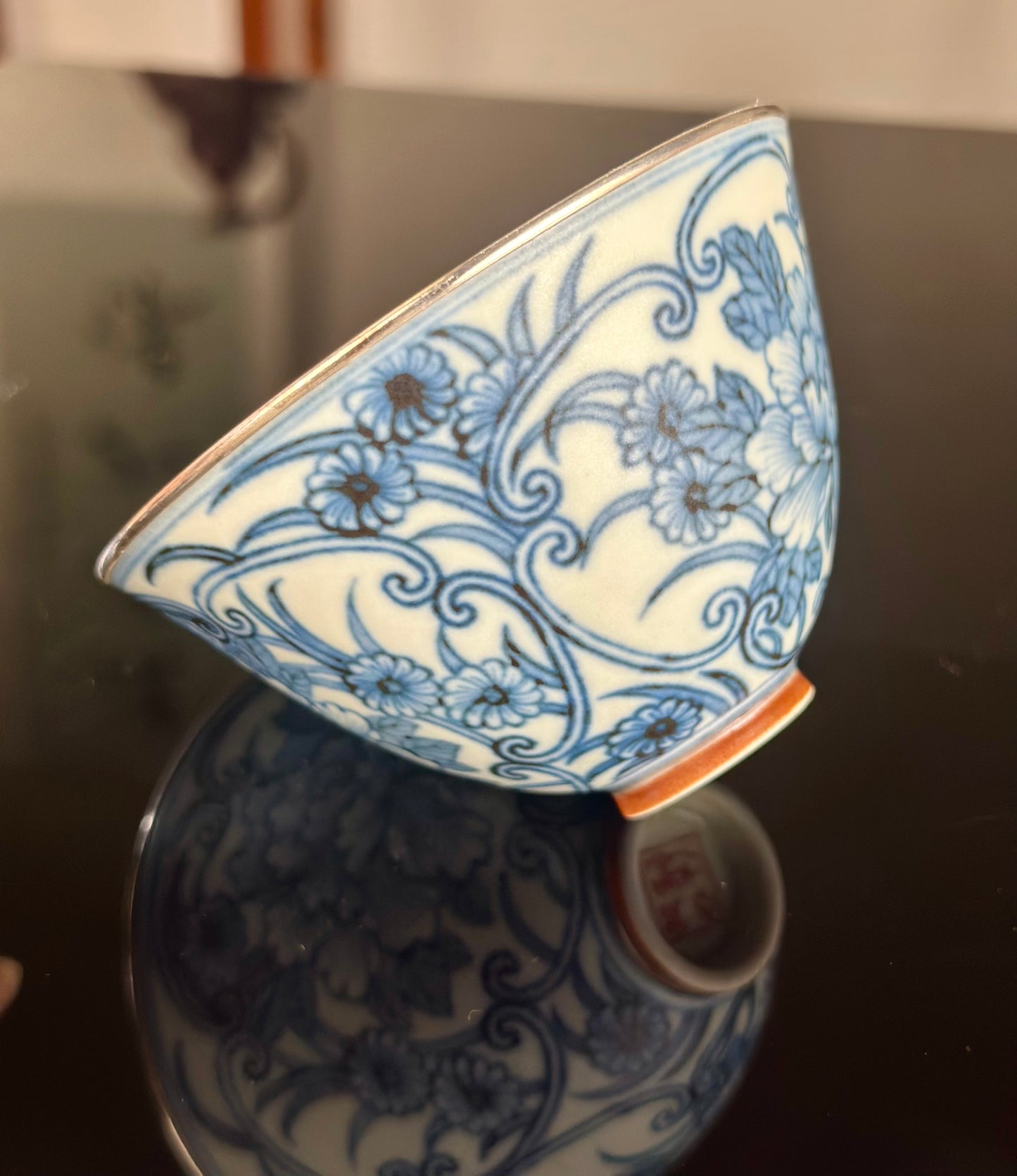 Handcrafted Chinese Blue White Porcelain Handpainted Peony Pure Silver EdgeJingdezhen Artwokr Teacup