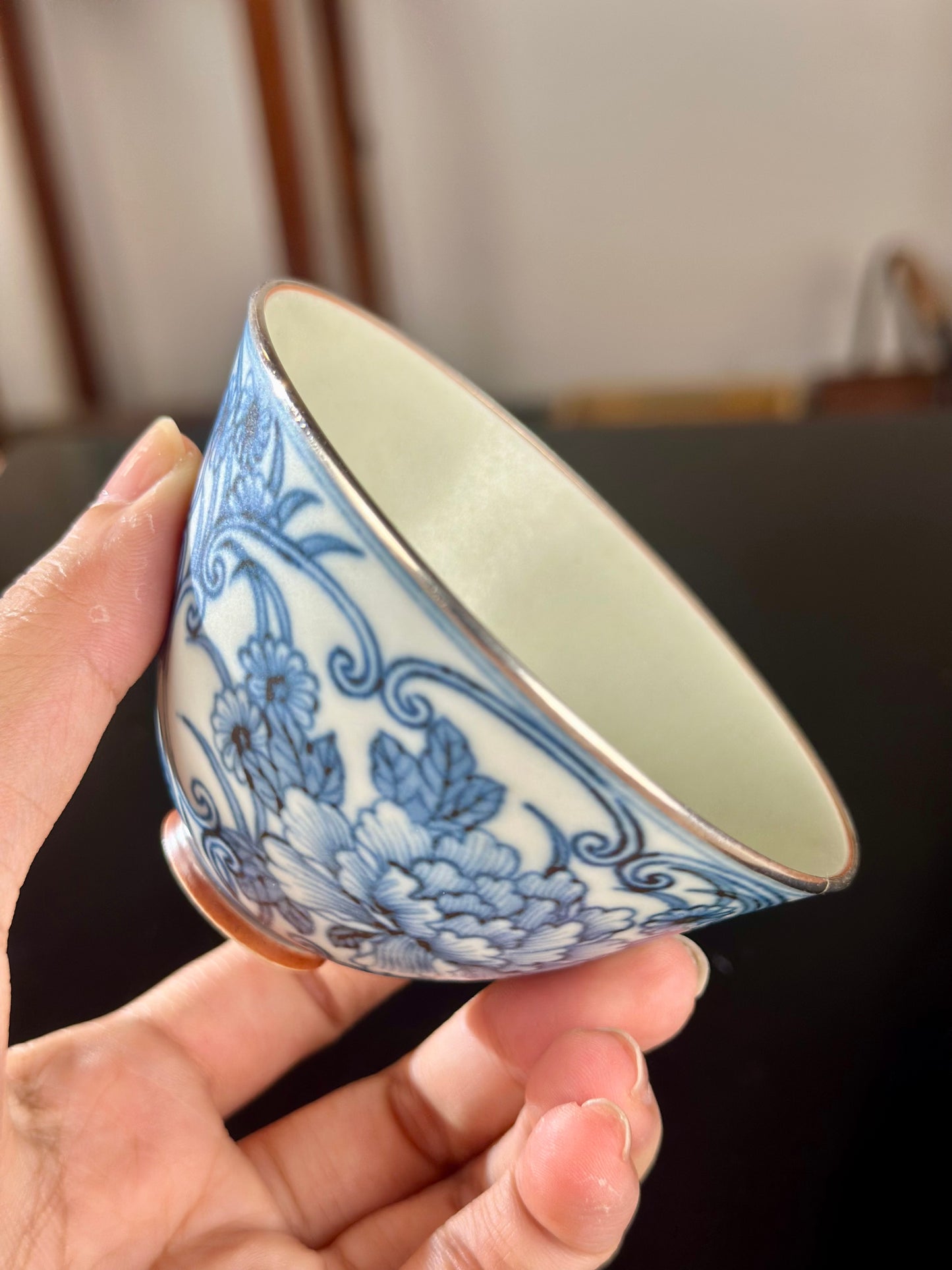 Handcrafted Chinese Blue White Porcelain Handpainted Peony Pure Silver EdgeJingdezhen Artwokr Teacup