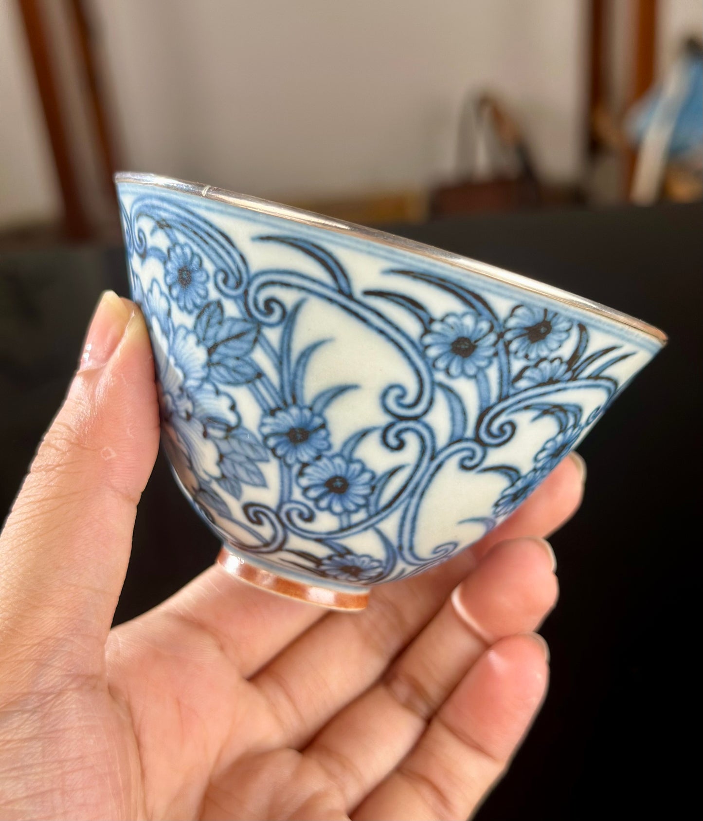 Handcrafted Chinese Blue White Porcelain Handpainted Peony Pure Silver EdgeJingdezhen Artwokr Teacup