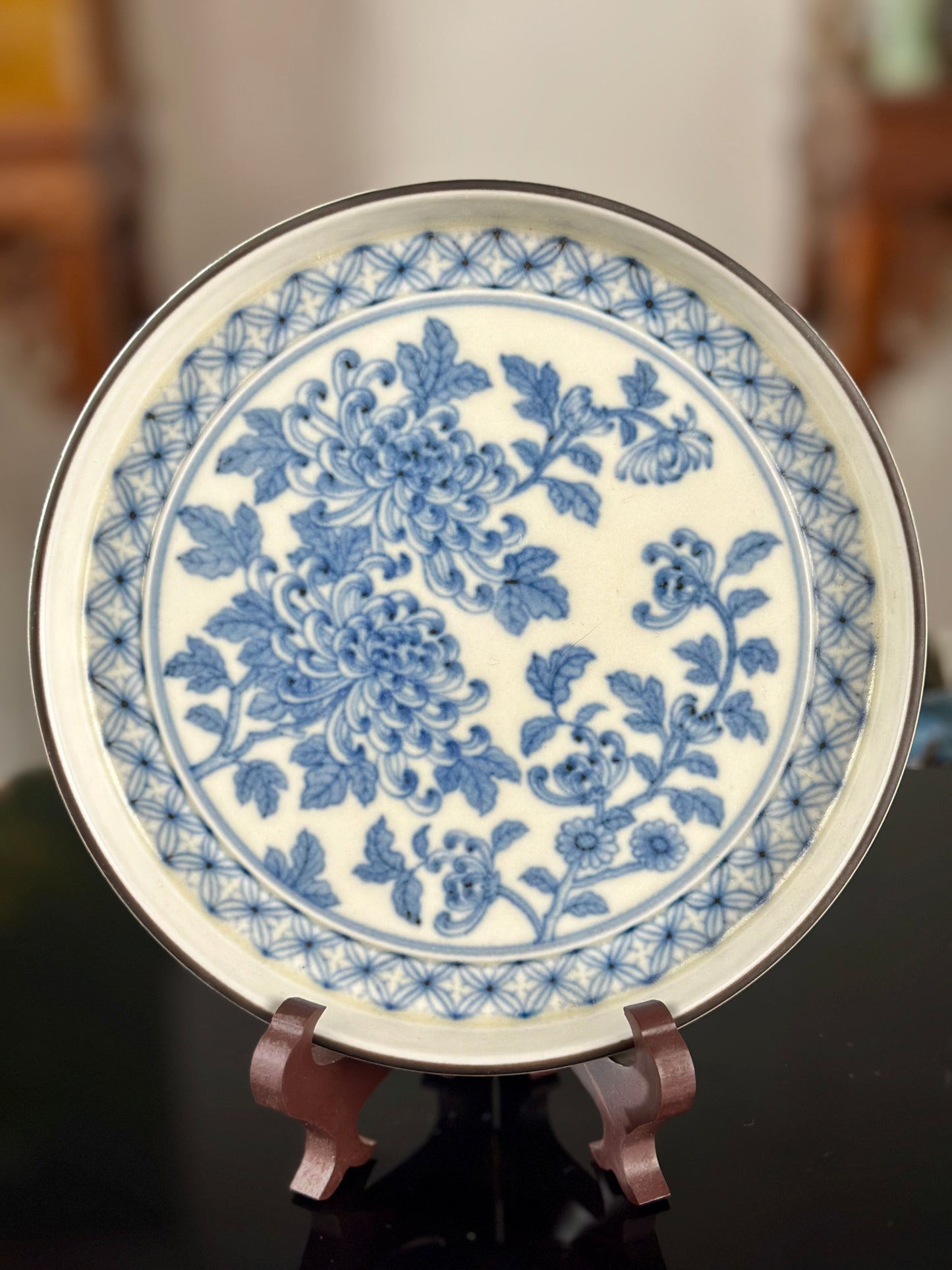 Handpainted Chinese Hucheng High-end Blue White Porcelain Traditional Flower Chrysanthemum Tea Tray Home Decor
