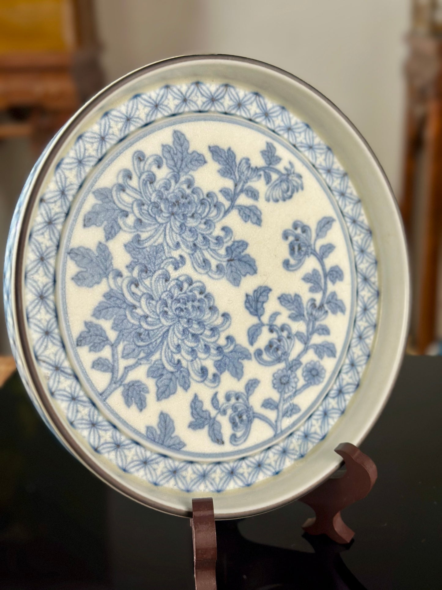 Handpainted Chinese Hucheng High-end Blue White Porcelain Traditional Flower Chrysanthemum Tea Tray Home Decor