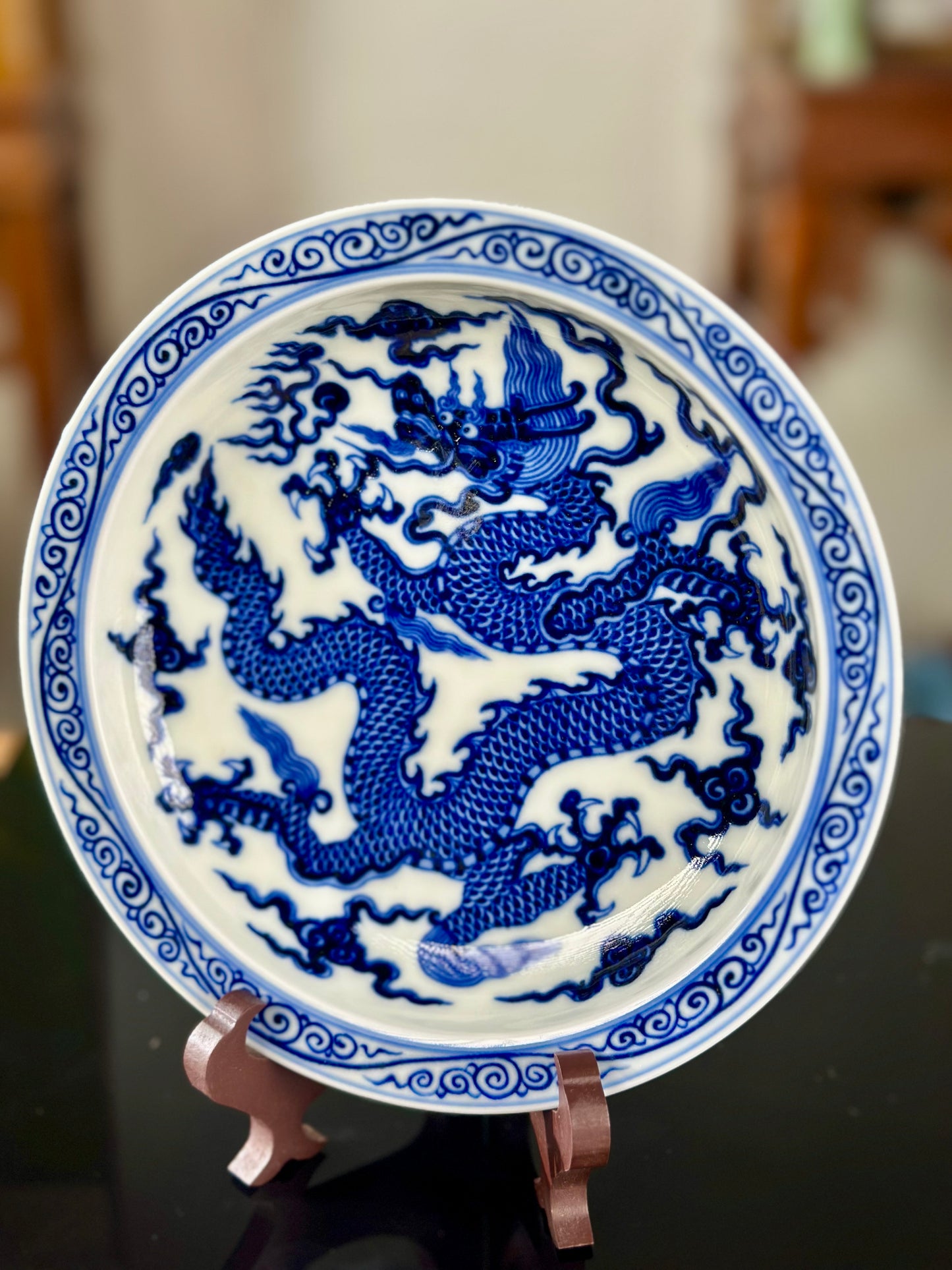 Chinese High-end Blue White Porcelain Handpainted Classic Xuande Dragon Pattern Tea tray Home Ornament Artwork Tray