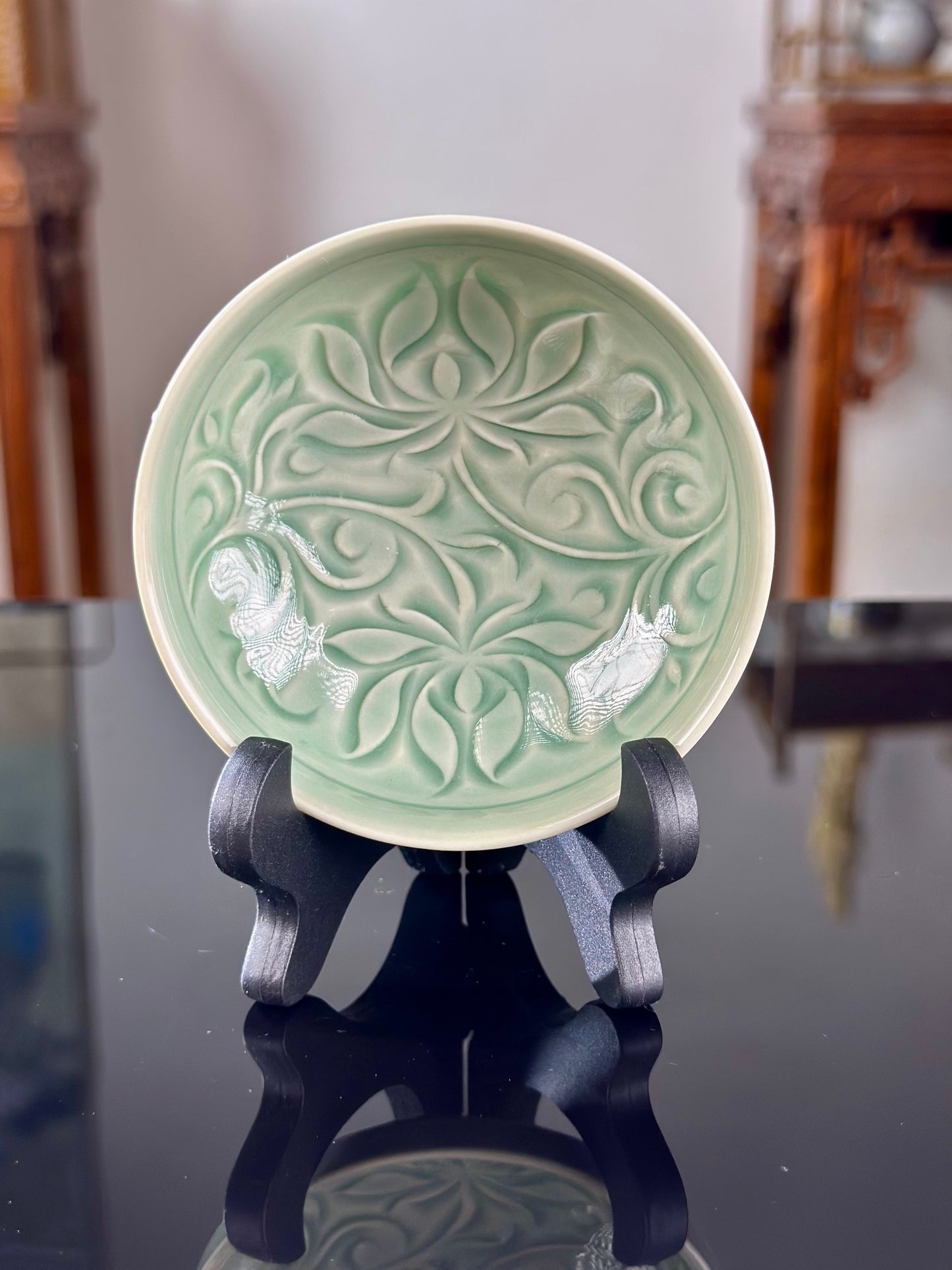 Handengraved Chinse Lotus Yaozhou Celadon Porcelain Kiln Sky Blue Green Puer Shape Teacup