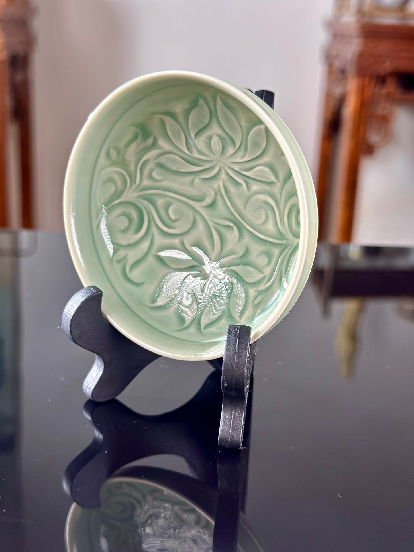Handengraved Chinse Lotus Yaozhou Celadon Porcelain Kiln Sky Blue Green Puer Shape Teacup
