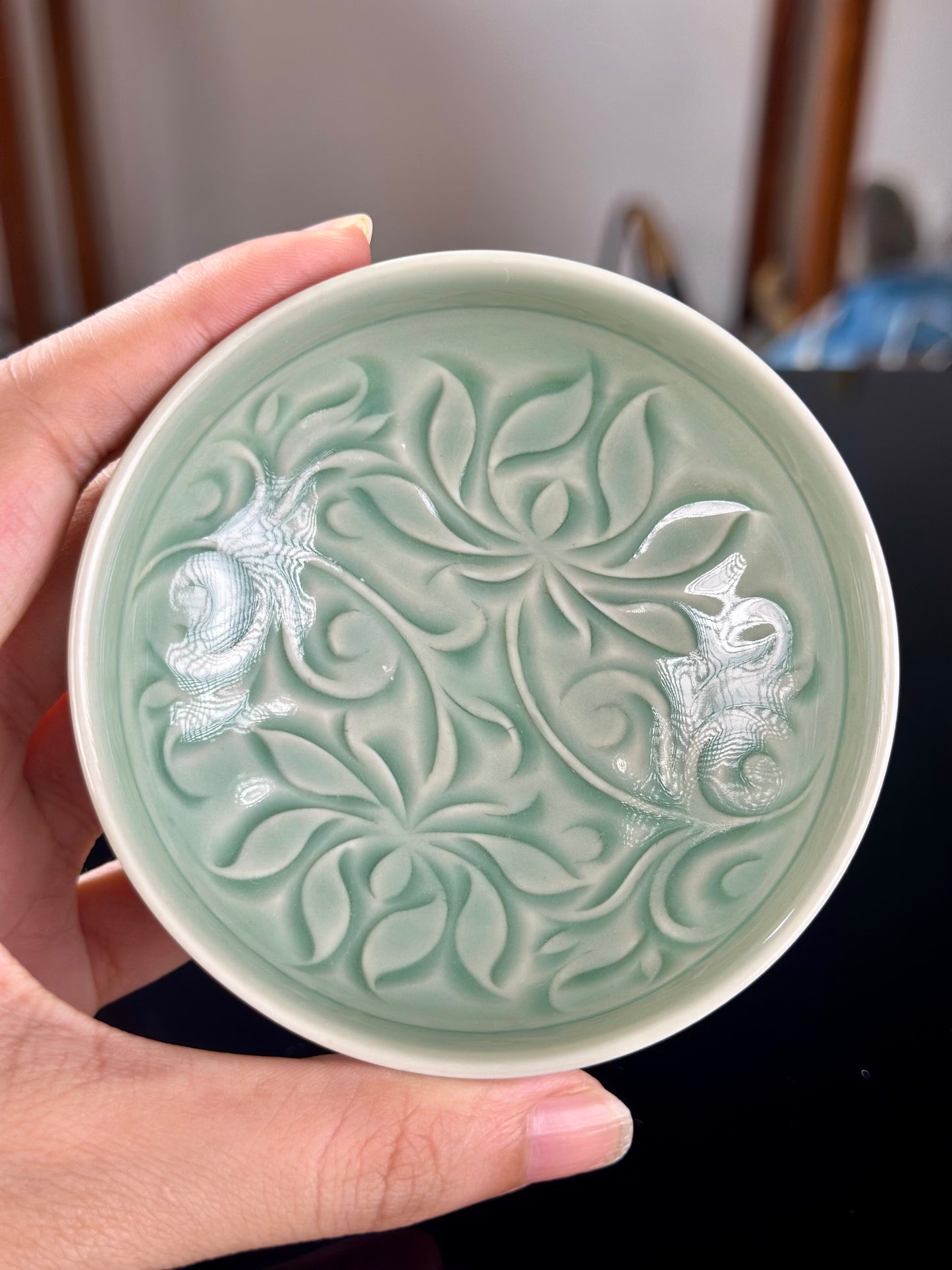 Handengraved Chinse Lotus Yaozhou Celadon Porcelain Kiln Sky Blue Green Puer Shape Teacup