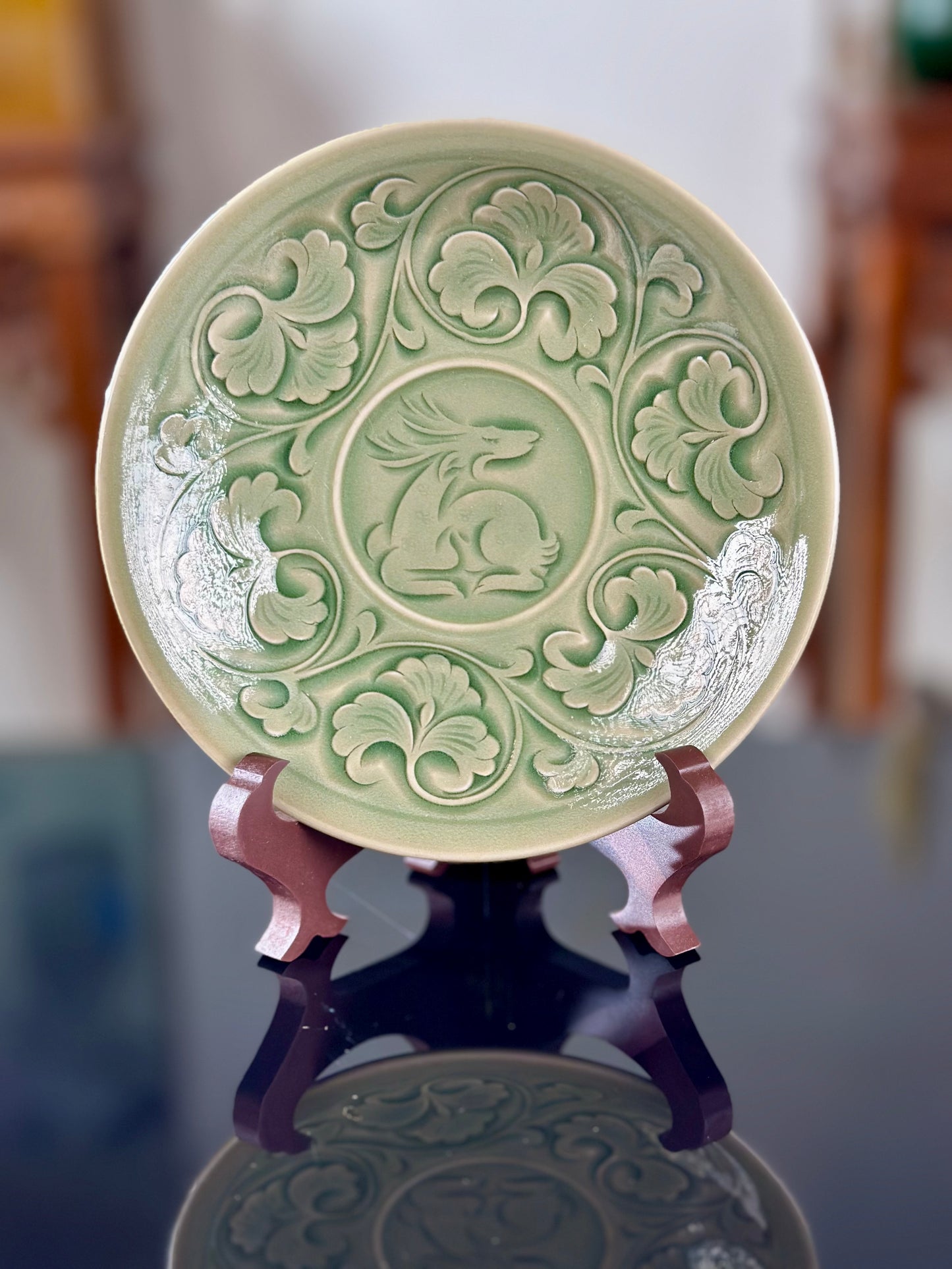 Handengraved Chinse Flower Pattern Yaozhou Celadon Porcelain Alive Green Tea Saucer Tea Tray
