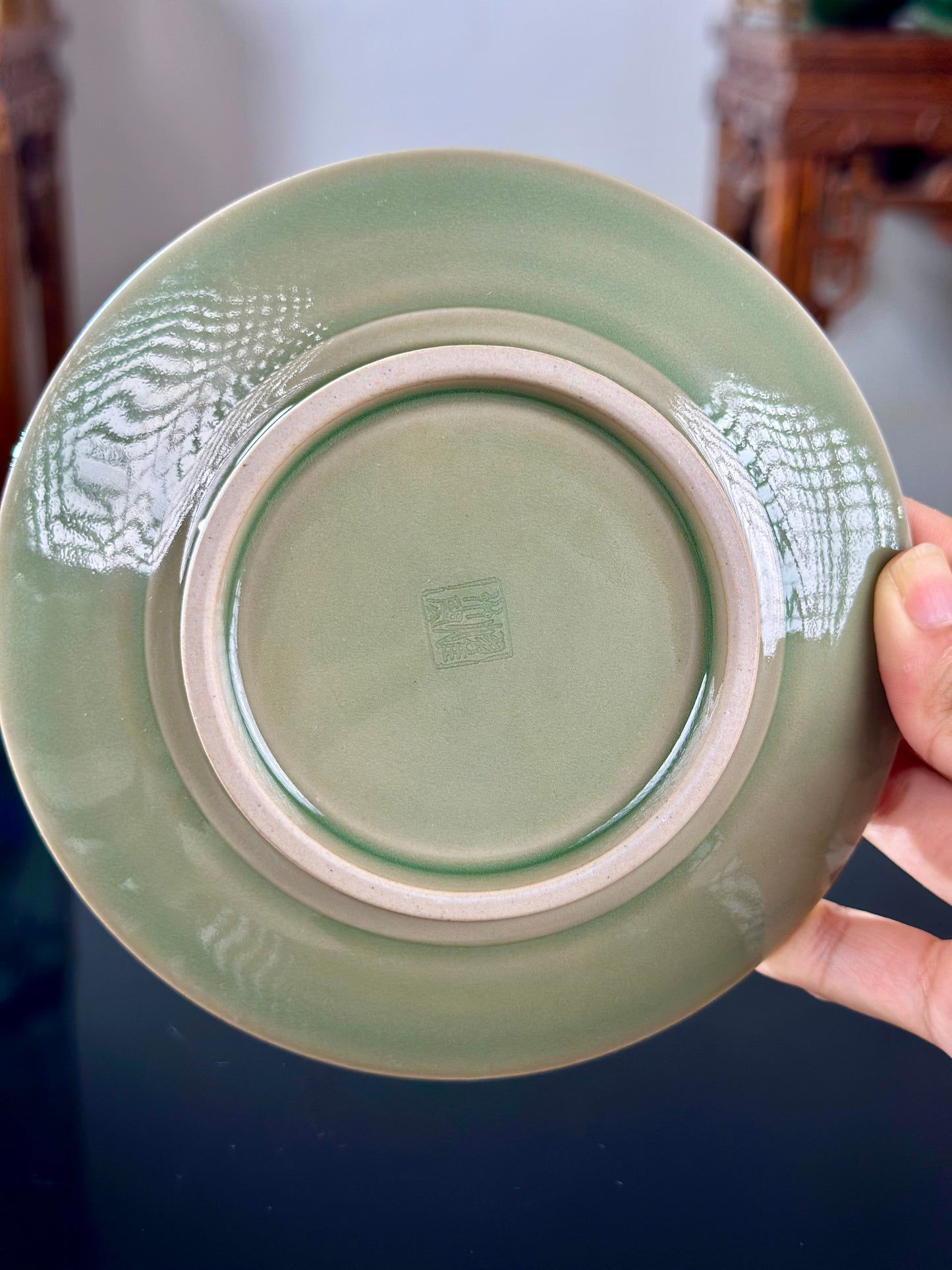 Handengraved Chinse Flower Pattern Yaozhou Celadon Porcelain Alive Green Tea Saucer Tea Tray