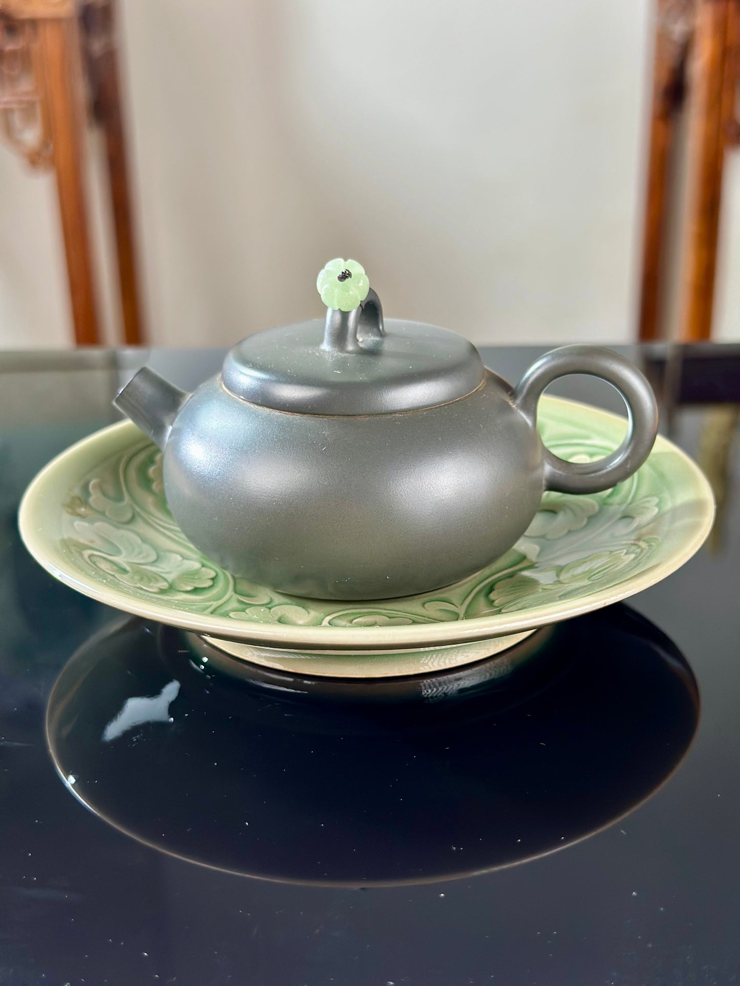 Handengraved Chinse Flower Pattern Yaozhou Celadon Porcelain Alive Green Tea Saucer Tea Tray