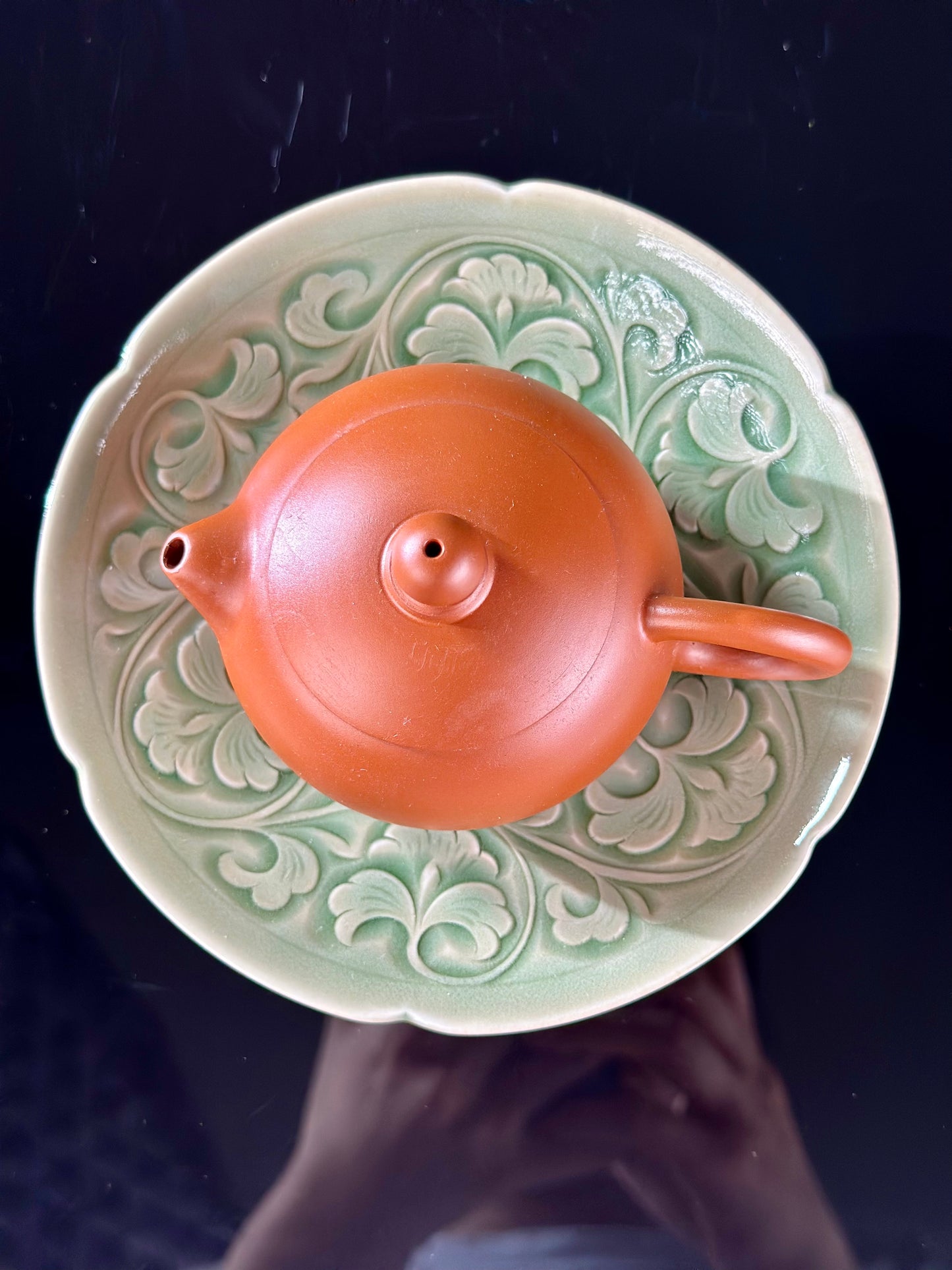 Handengraved Chinse Flower Pattern Yaozhou Celadon Porcelain Alive Green Tea Saucer Tea Tray