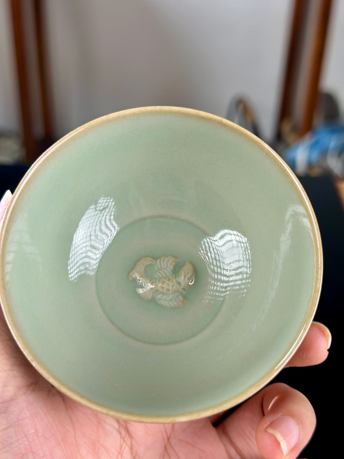 Handengraved Chinse Fish Turning Dragon Classic Pattern Yaozhou Celadon Porcelain Kiln Moon White GlazeTeacup