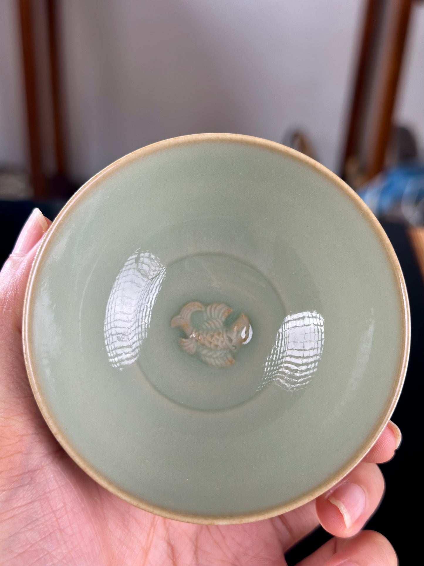 Handengraved Chinse Fish Turning Dragon Classic Pattern Yaozhou Celadon Porcelain Kiln Moon White GlazeTeacup