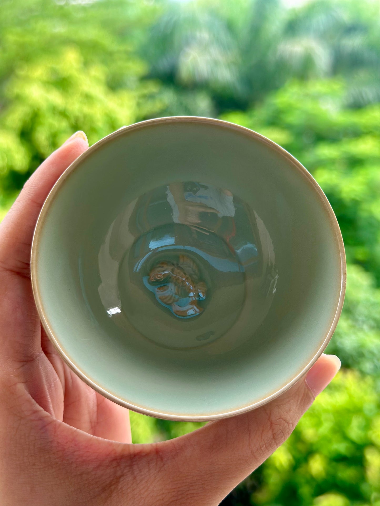 Handengraved Chinse Fish Turning Dragon Classic Pattern Yaozhou Celadon Porcelain Kiln Moon White GlazeTeacup