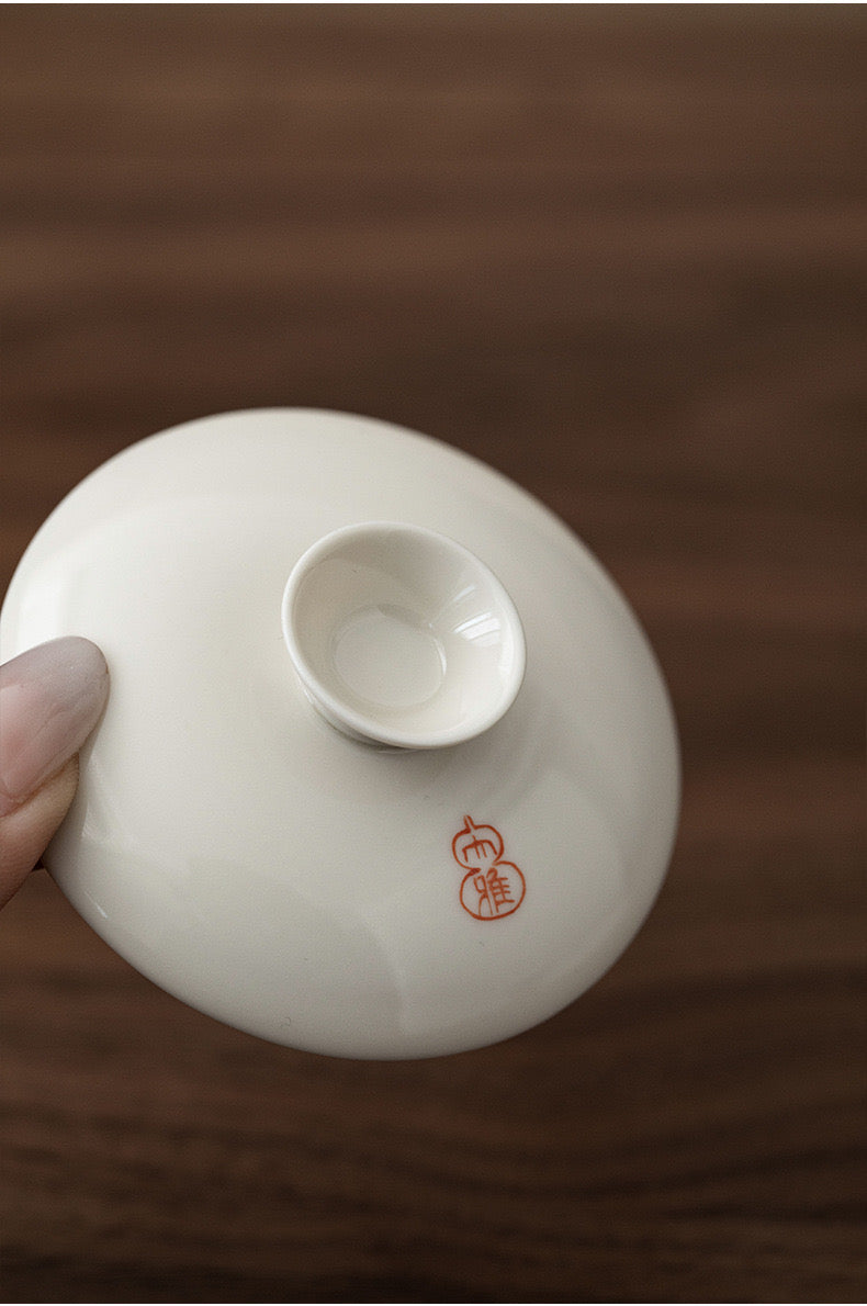 Hand Written Chinese Calligraphy Poem Gaiwan Ding Porcelain White  Classic Artwork Teapot
