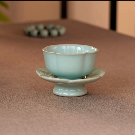 Handcrafted Chinese High-class Ru Porcelain Ruyao Flowere Shape Ru Ware Classic Teacup Set Tea Saucer