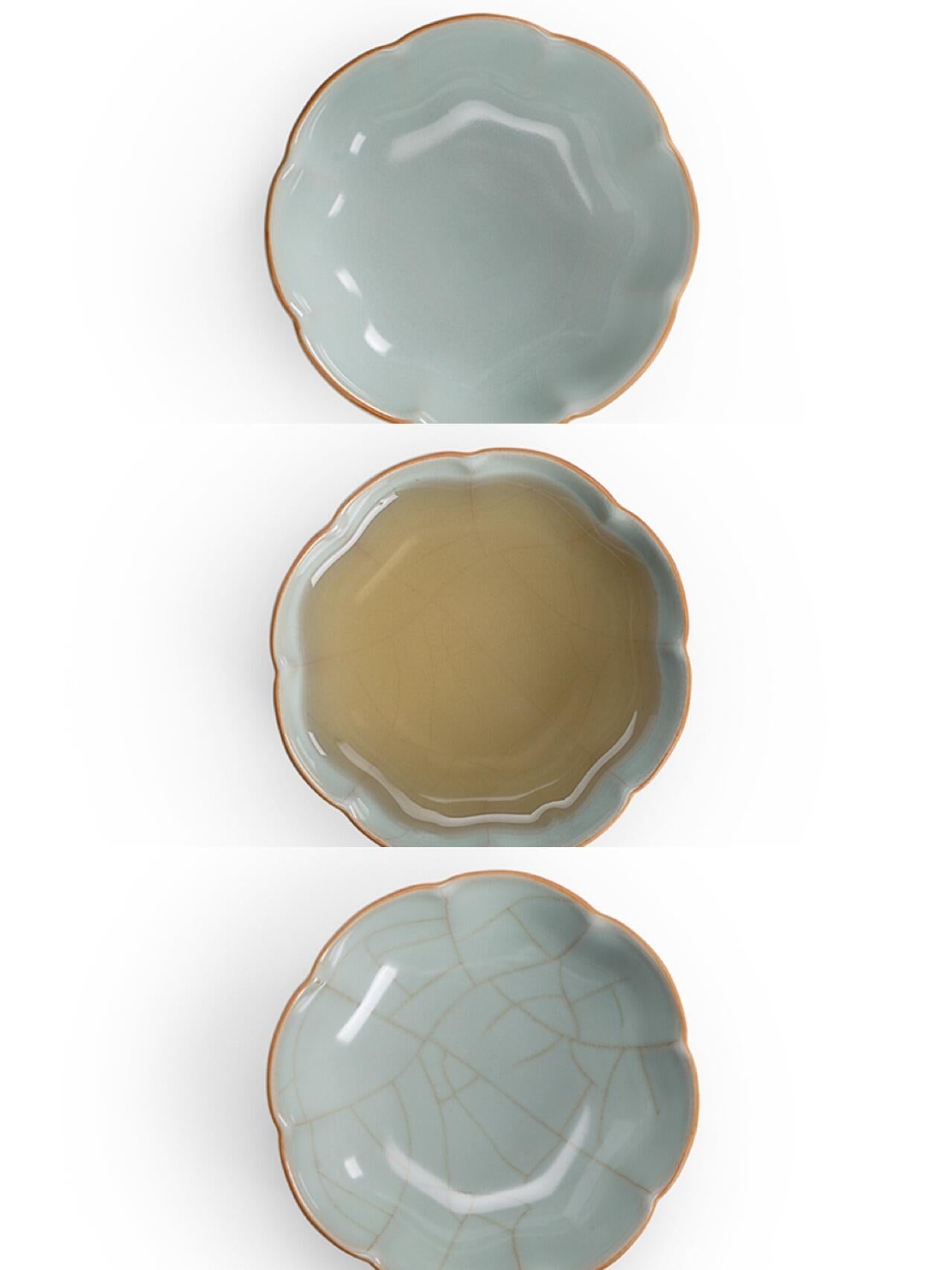 Handcrafted Chinese High-class Ru Porcelain Ruyao Flowere Shape Ru Ware Classic Teacup Set Tea Saucer