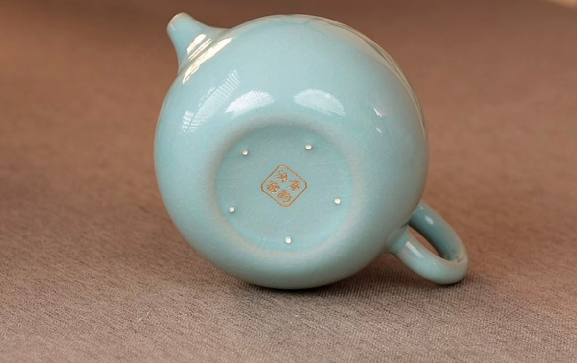 Handcrafted Chinese High-class Ru Porcelain Ruyao Longdan Dragon Egg Shape Ru Ware Classic Teapot
