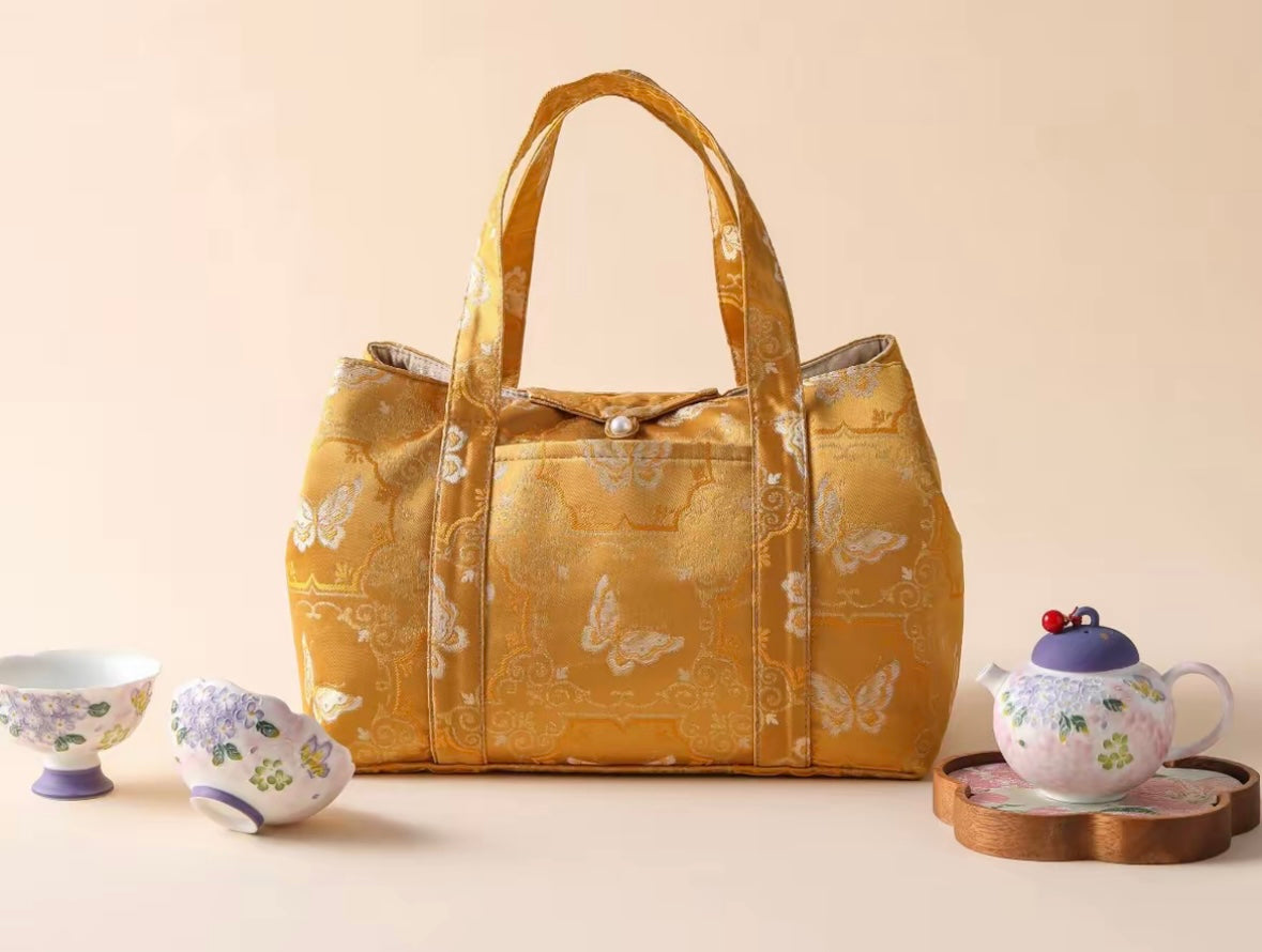 High-class Chinese Traditional Song Brocade Golden Butterfly Pattern Tea Bag Travel Cloth Bag Big Capacity Portable Storage Bag