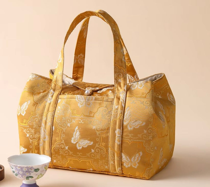 High-class Chinese Traditional Song Brocade Golden Butterfly Pattern Tea Bag Travel Cloth Bag Big Capacity Portable Storage Bag