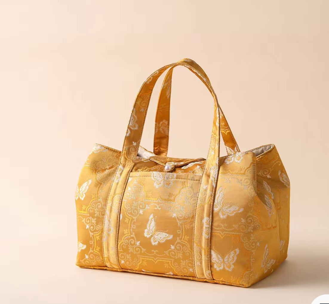 High-class Chinese Traditional Song Brocade Golden Butterfly Pattern Tea Bag Travel Cloth Bag Big Capacity Portable Storage Bag