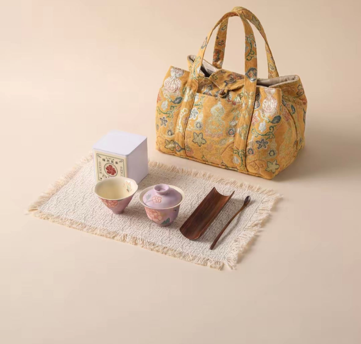 Chinese High-end Traditional Song Brocade Golden Gourd Pattern Tea Bag Travel Cloth Bag Big Capacity Portable Storage Bag