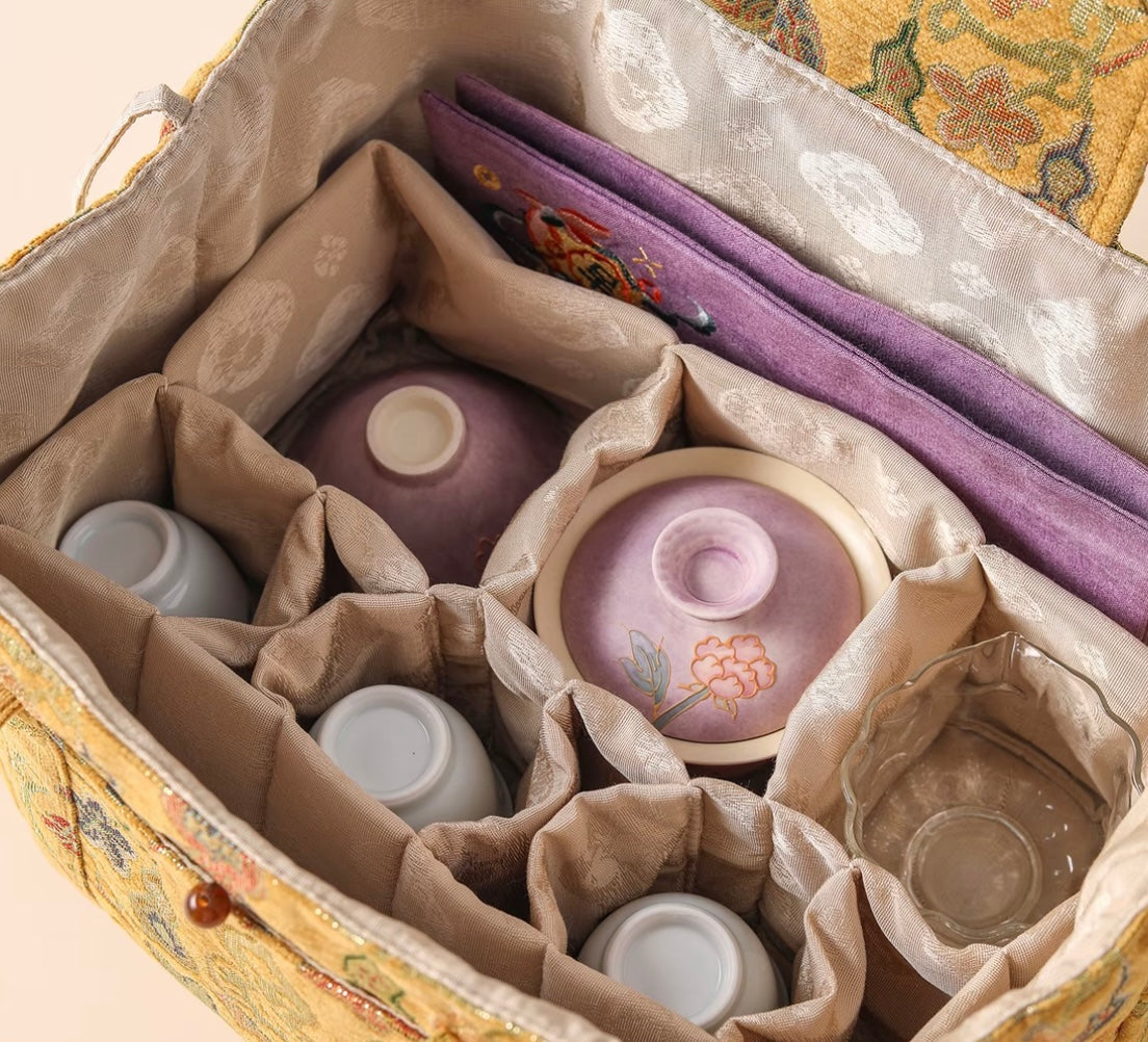 Chinese High-end Traditional Song Brocade Golden Gourd Pattern Tea Bag Travel Cloth Bag Big Capacity Portable Storage Bag