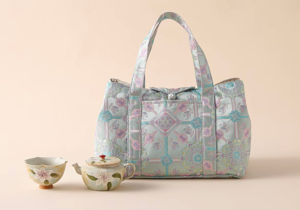 Chinese High-end Traditional Song Brocade Blue Baoxiang Motif Tea Bag Travel Cloth Bag Big Capacity Portable Storage Bag
