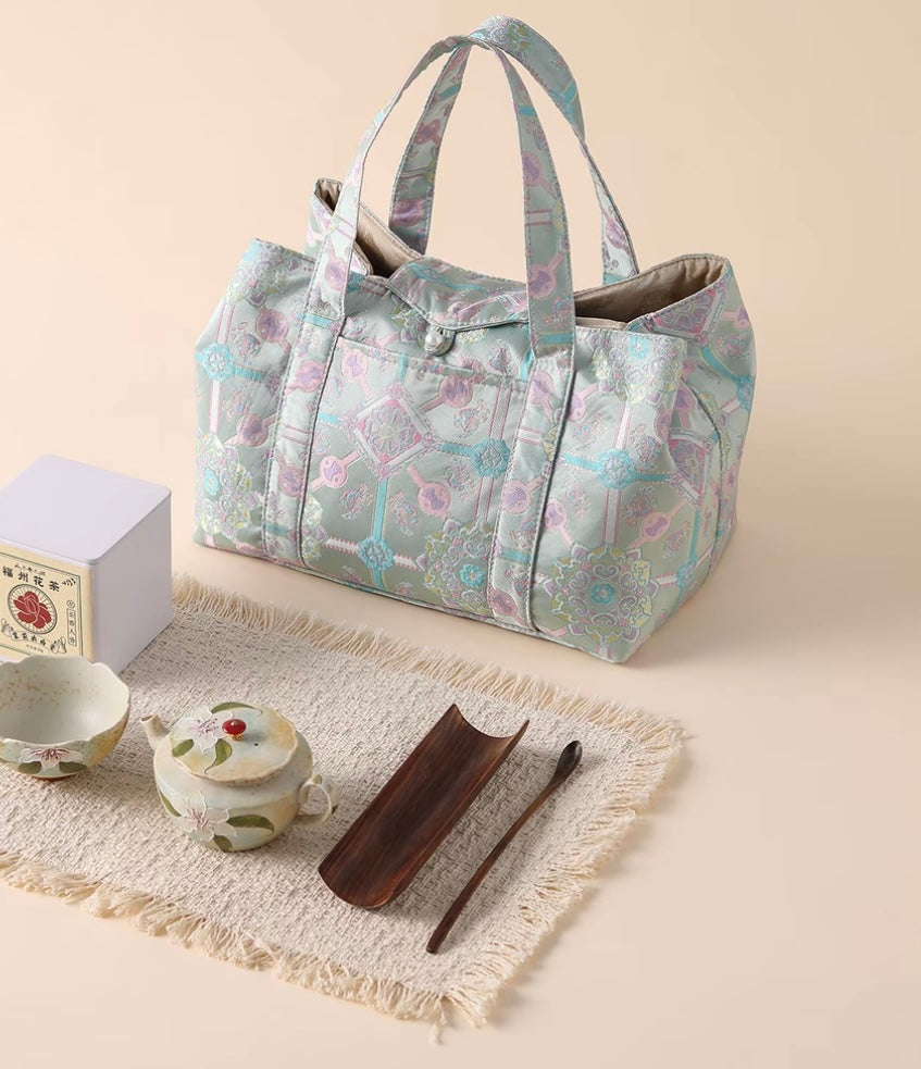 Chinese High-end Traditional Song Brocade Blue Baoxiang Motif Tea Bag Travel Cloth Bag Big Capacity Portable Storage Bag