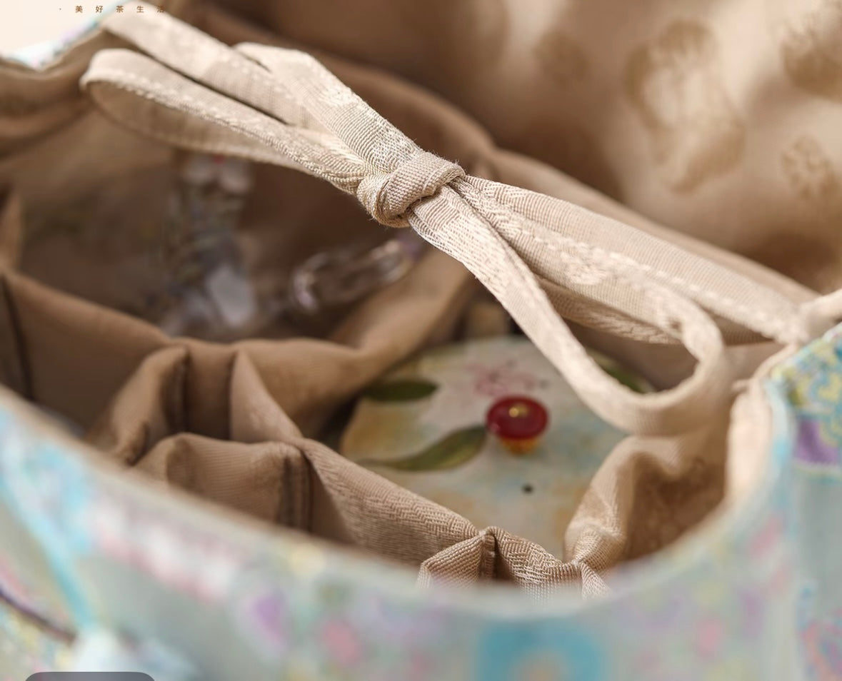 Chinese High-end Traditional Song Brocade Blue Baoxiang Motif Tea Bag Travel Cloth Bag Big Capacity Portable Storage Bag