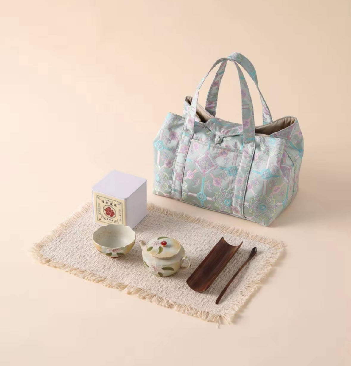 Chinese High-end Traditional Song Brocade Blue Baoxiang Motif Tea Bag Travel Cloth Bag Big Capacity Portable Storage Bag